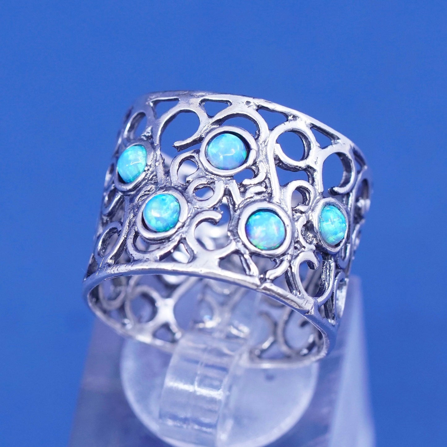 Size 8, vtg Israel sterling silver ring, handmade 925 filigree band w/ opal