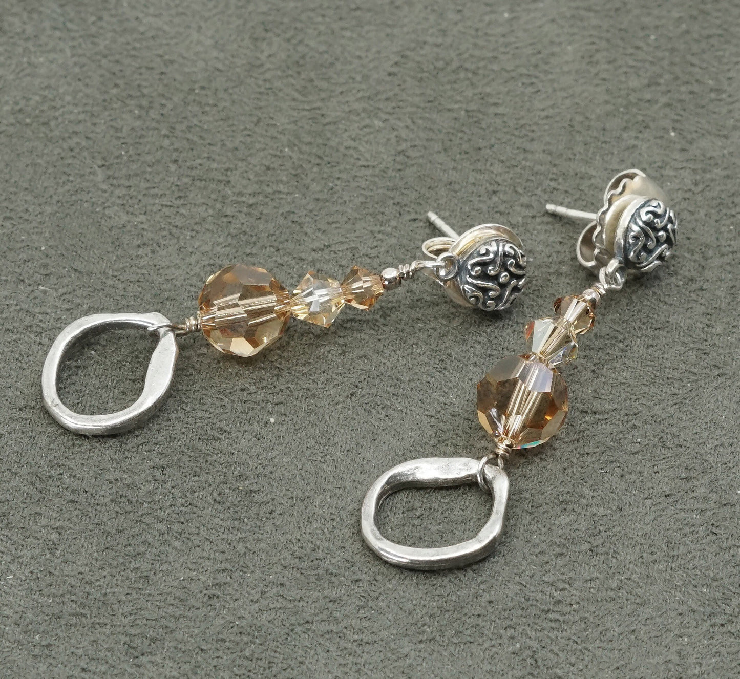 Vintage Sterling silver handmade earrings, 925 circle w/ yellow crystal beads