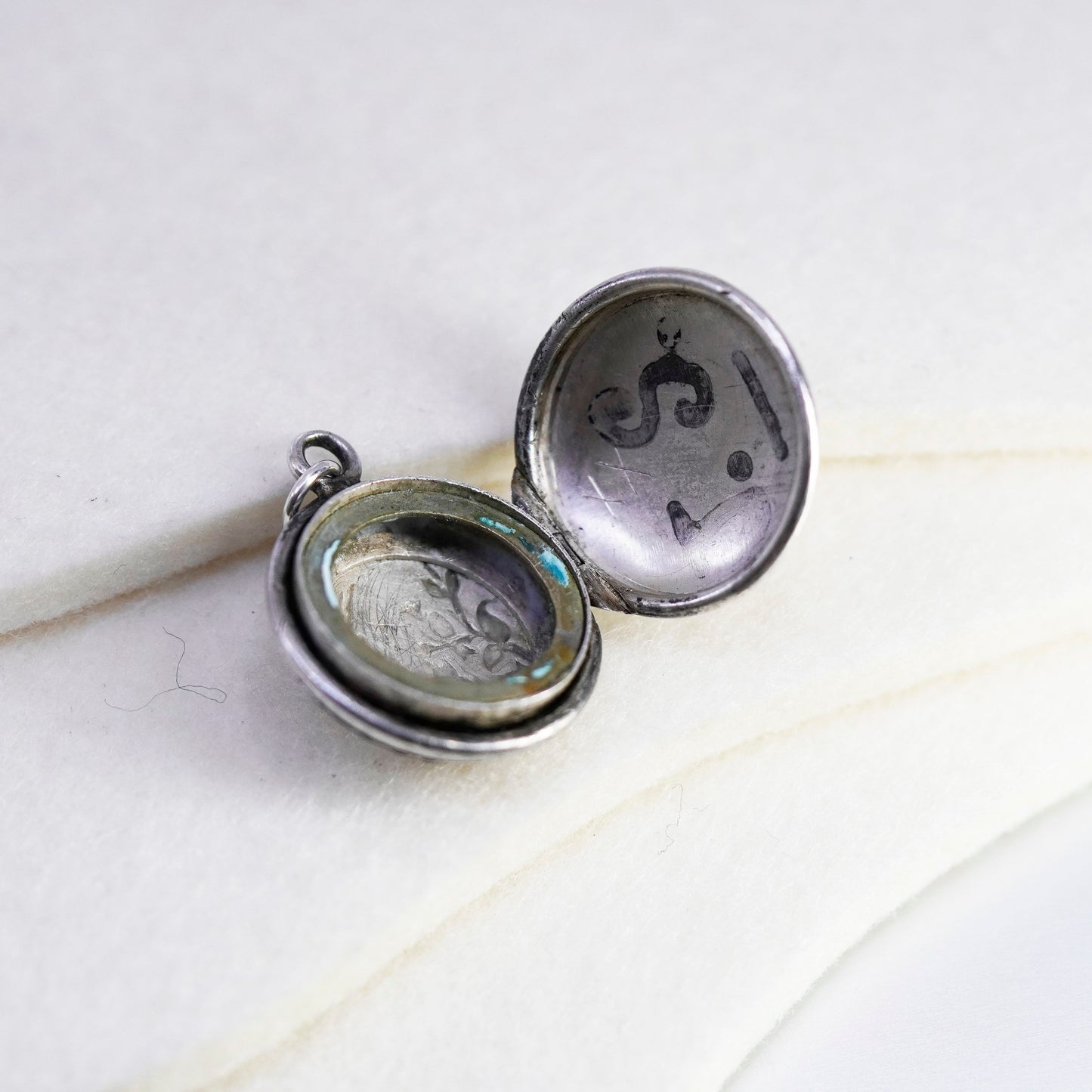 Antique Sterling silver charm, 925 circle photos locket with bird floral relief