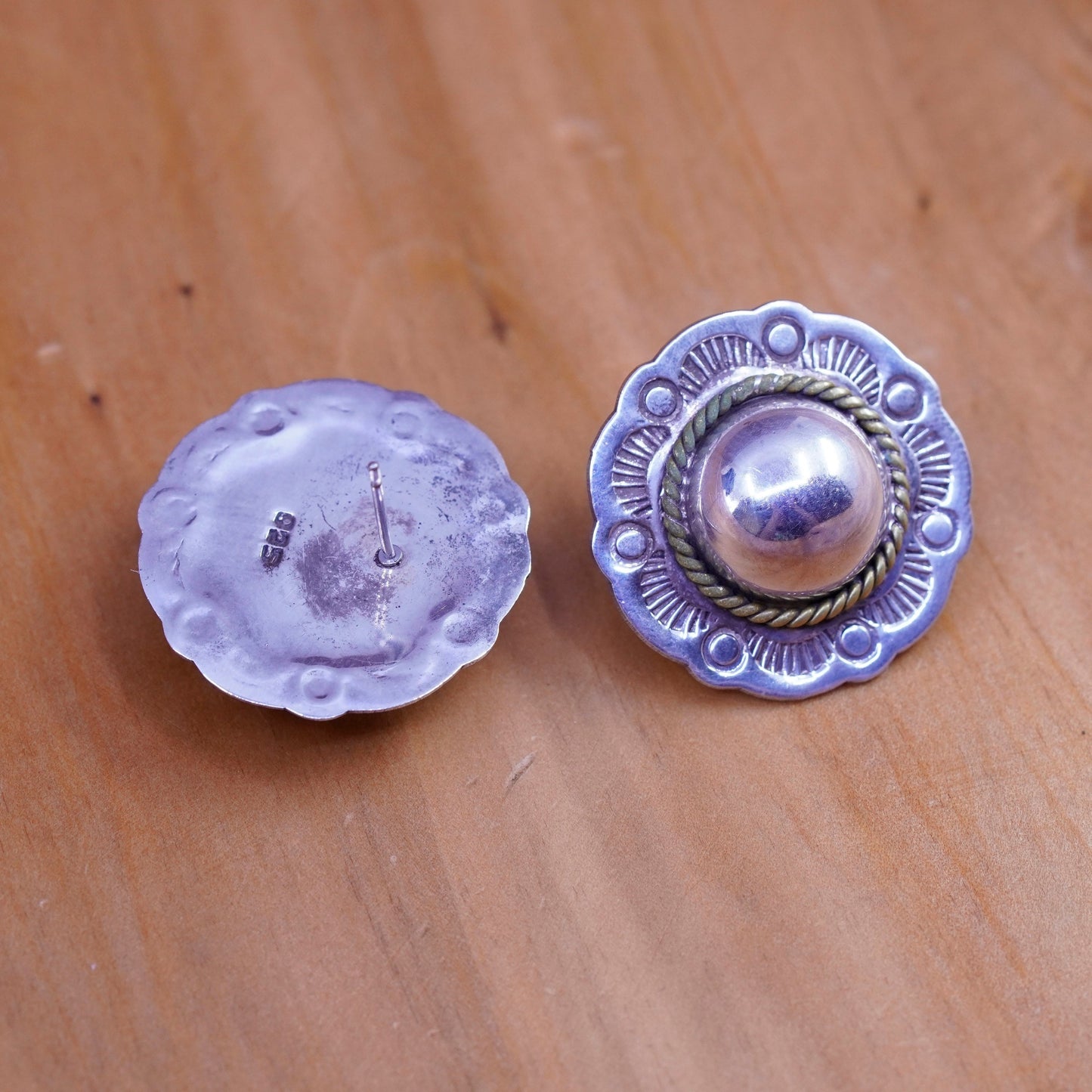 two tone Mexico Sterling silver earrings, 925 flower studs with brass cable