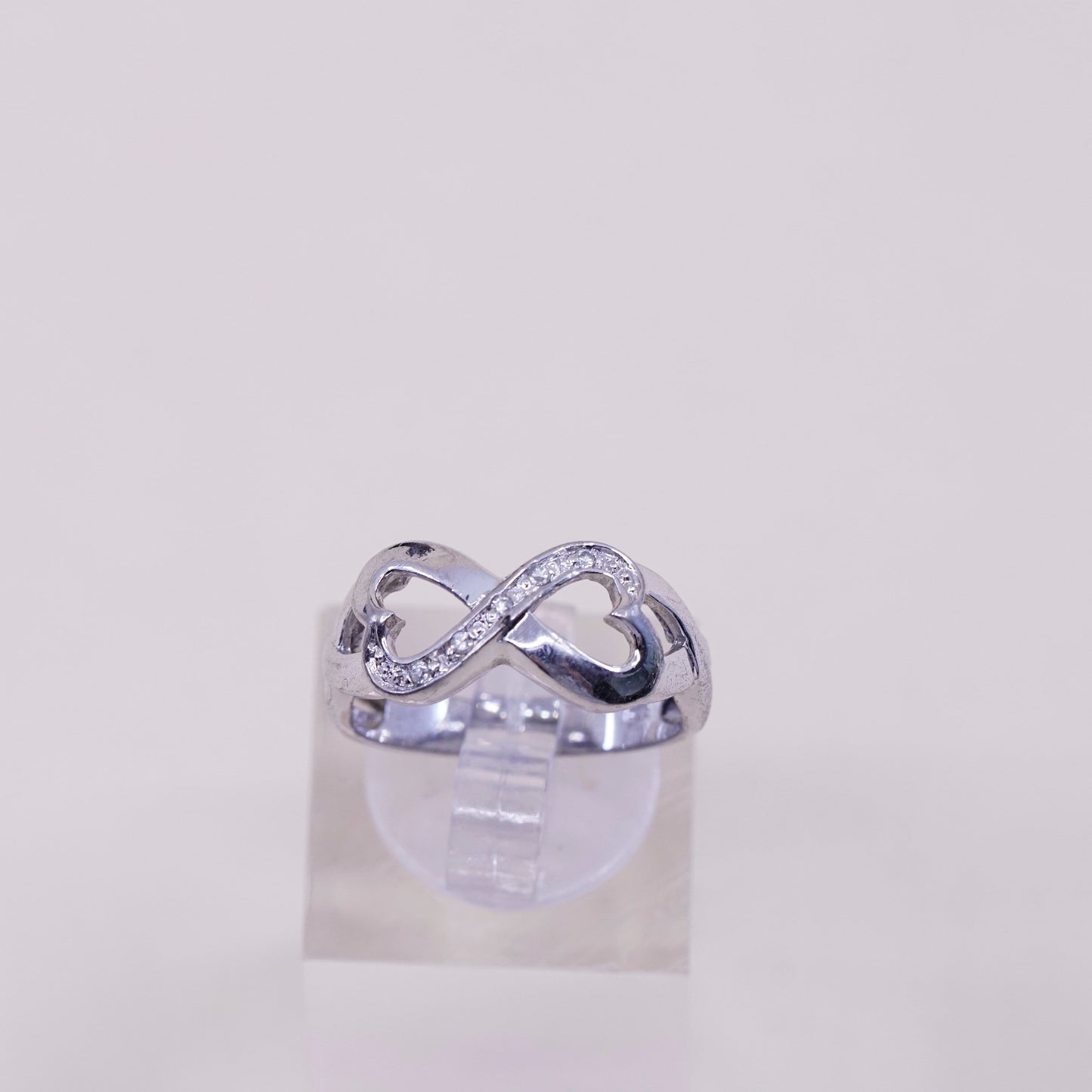 Size 6.25, Vintage sterling silver handmade ring, 925 heart band with Cz around