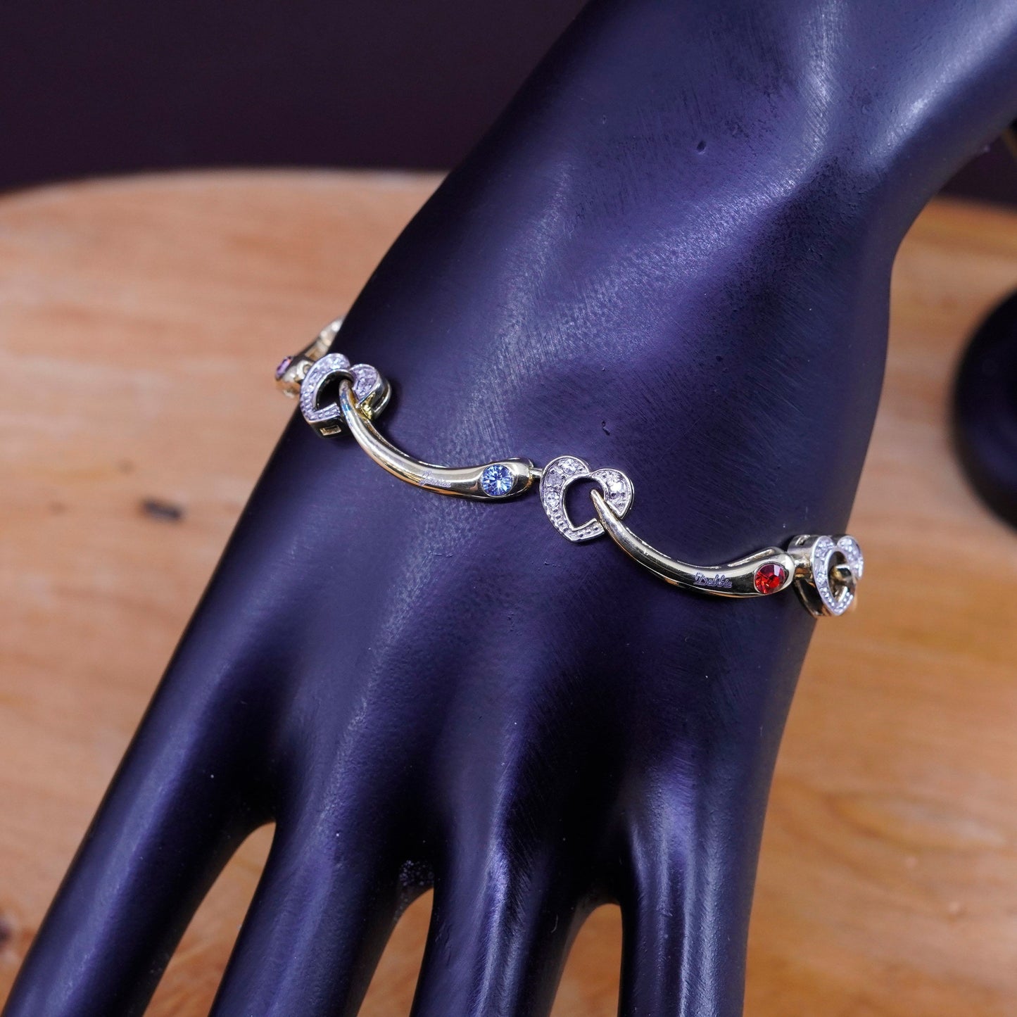7.25”, vtg vermeil gold over Sterling silver tennis bracelet, 925 heart crystal