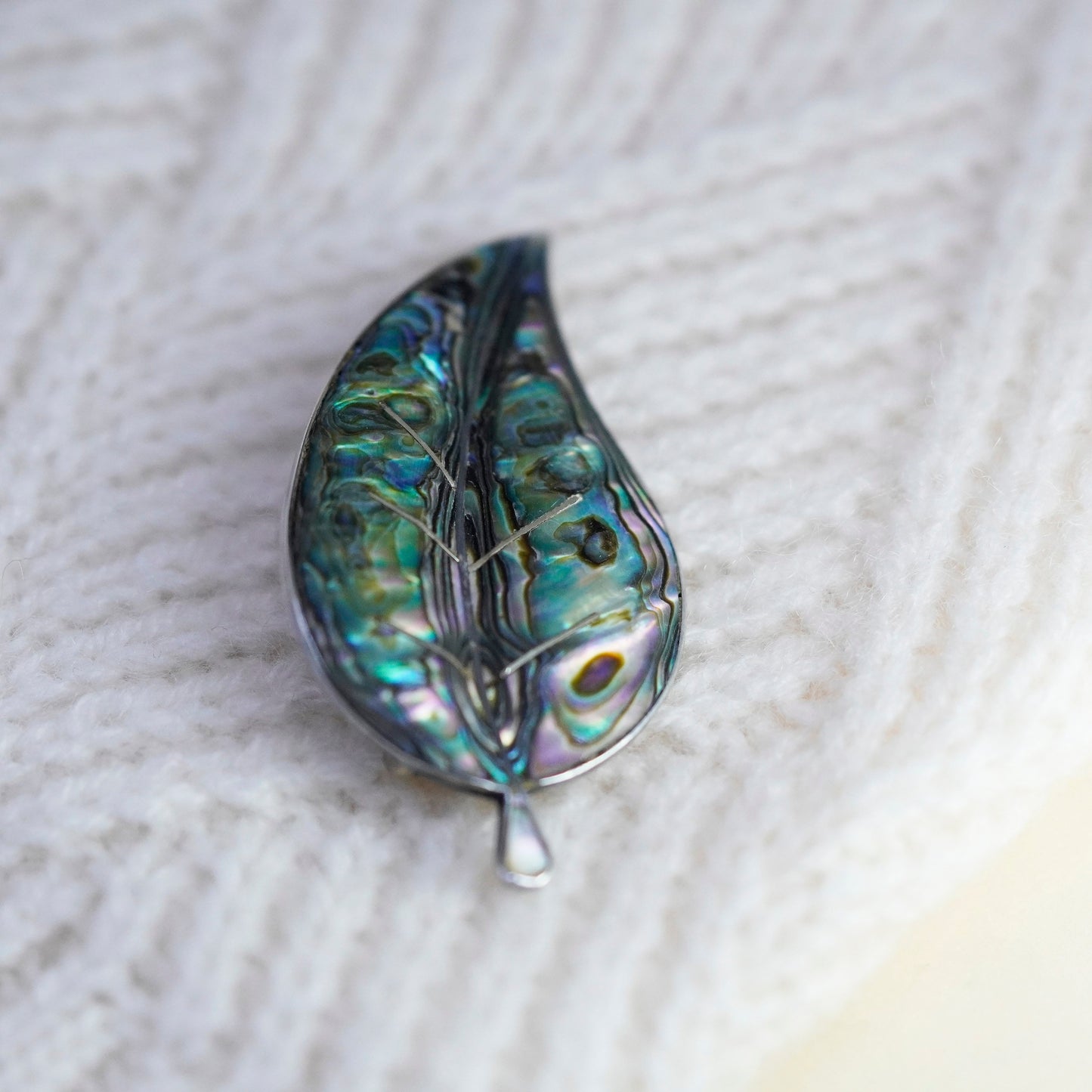 Antique Sterling silver handmade brooch, 925 leaf pin with abalone inlay