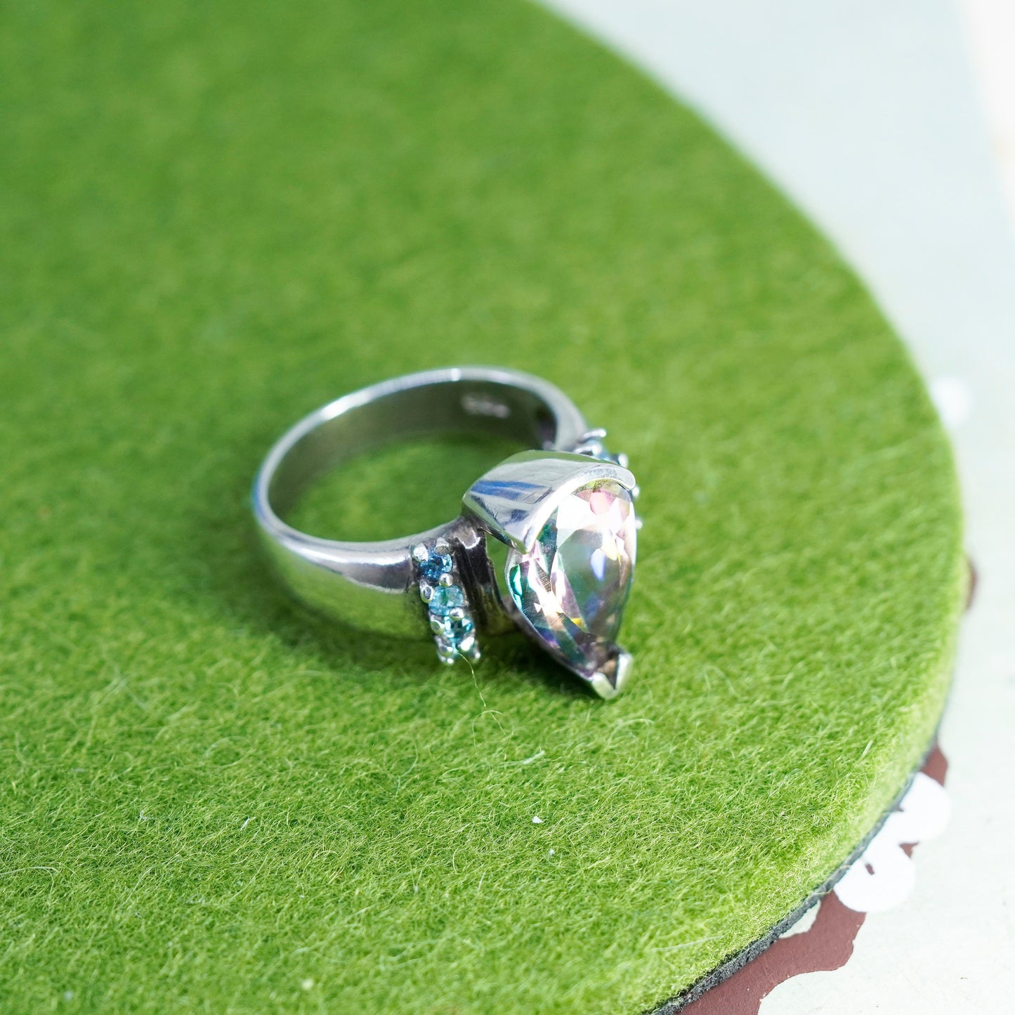 Size 9, sterling 925 silver over brass handmade ring w/ teardrop rainbow topaz
