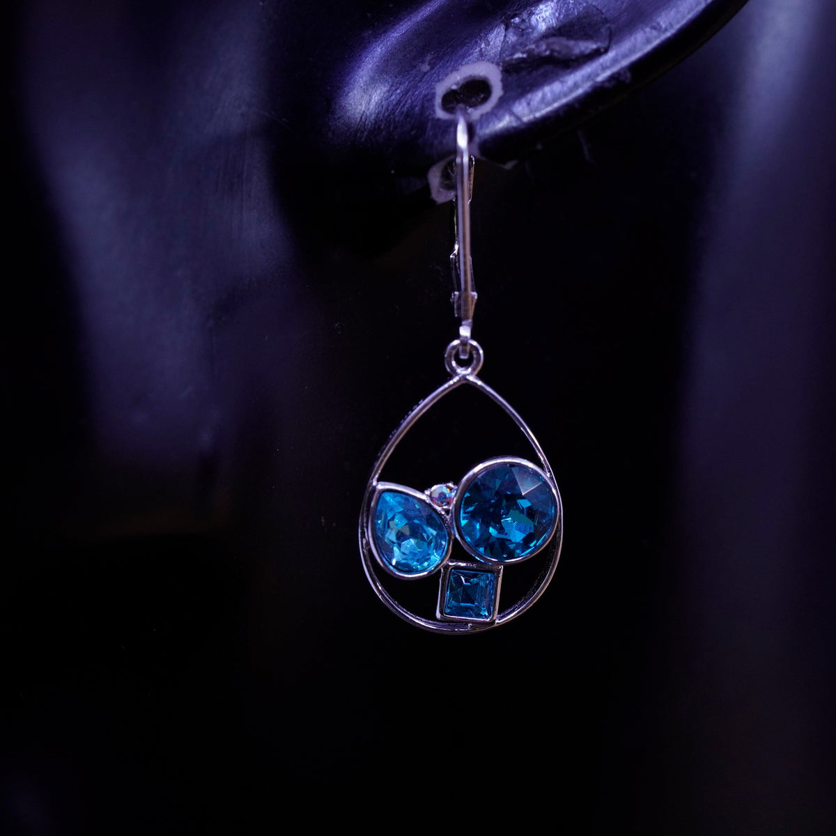 Vintage Sterling 925 silver handmade teardrop earrings with blue rhinestone