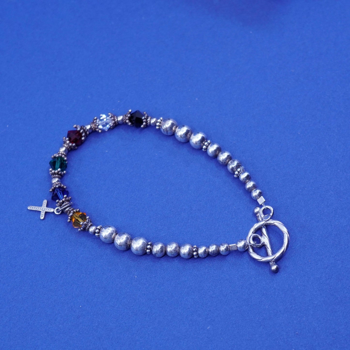 6.75”, vtg Sterling 925 silver handmade bracelet crystal beads with cross charm