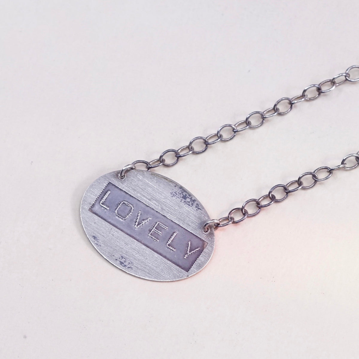 16”, vintage sterling silver handmade necklace, circle tag “lovely” pendant