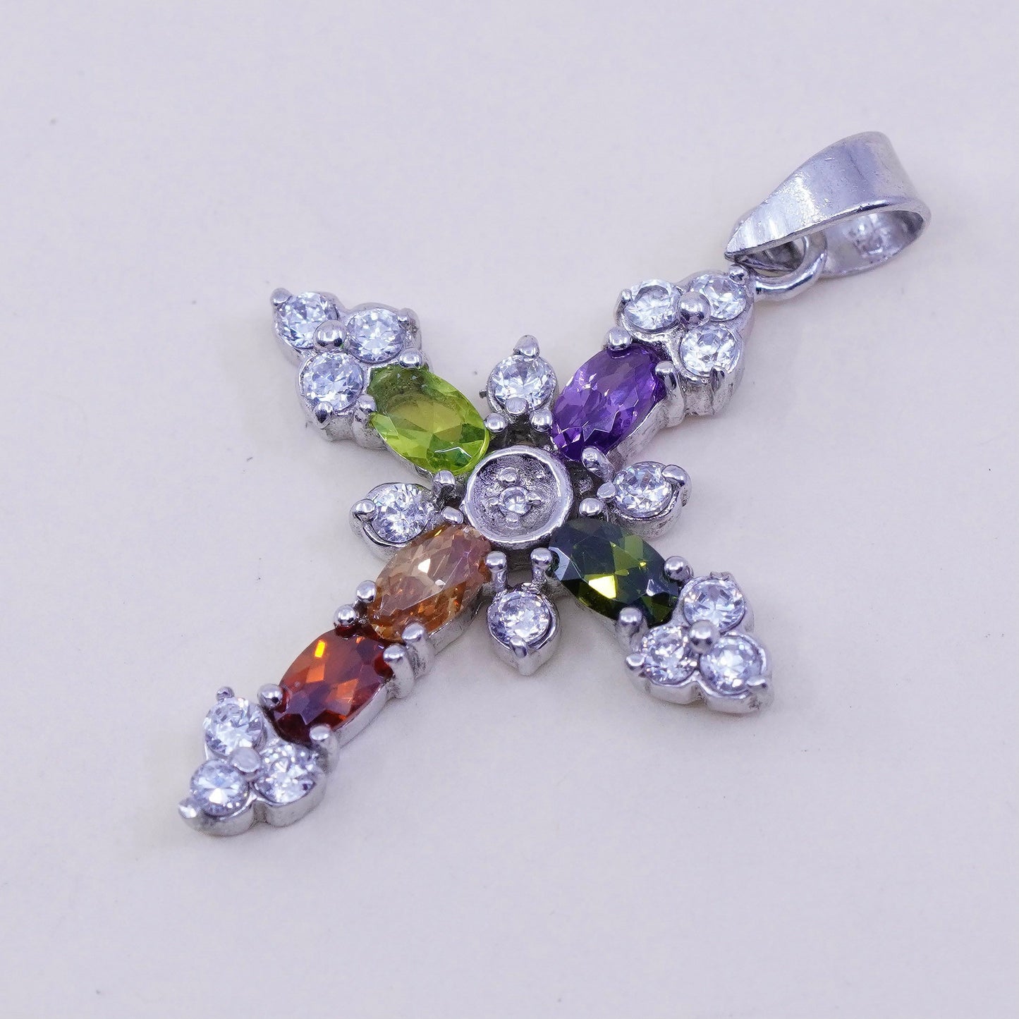 Vintage Sterling 925 silver handmade cross pendant with peridot amethyst