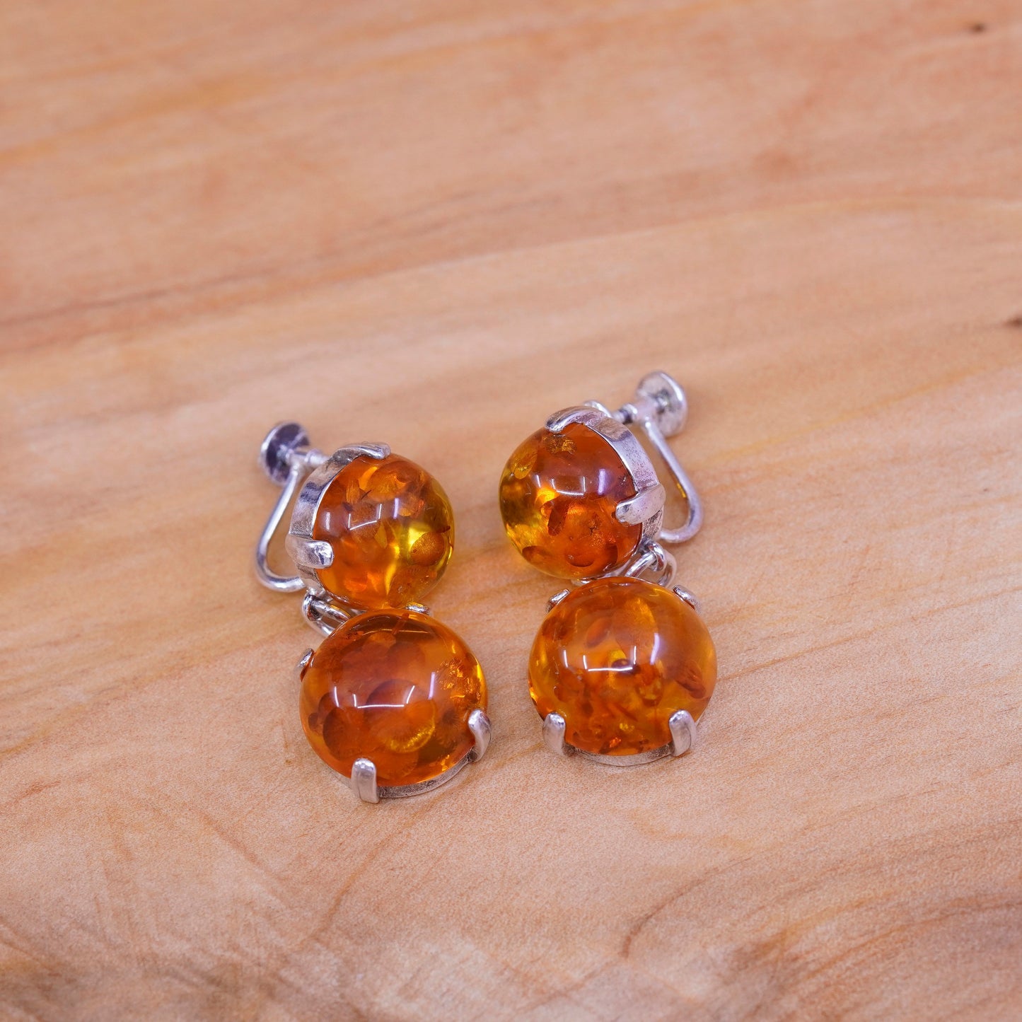 Vintage Sterling 925 silver screw back handmade earrings with amber dangles