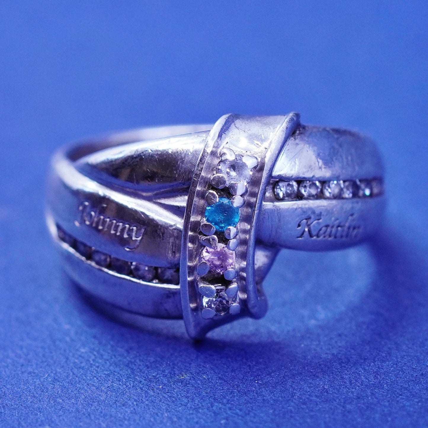 sz 6.25, Sterling 925 silver engagement ring blue pink crystal “Johnny Kaitlin