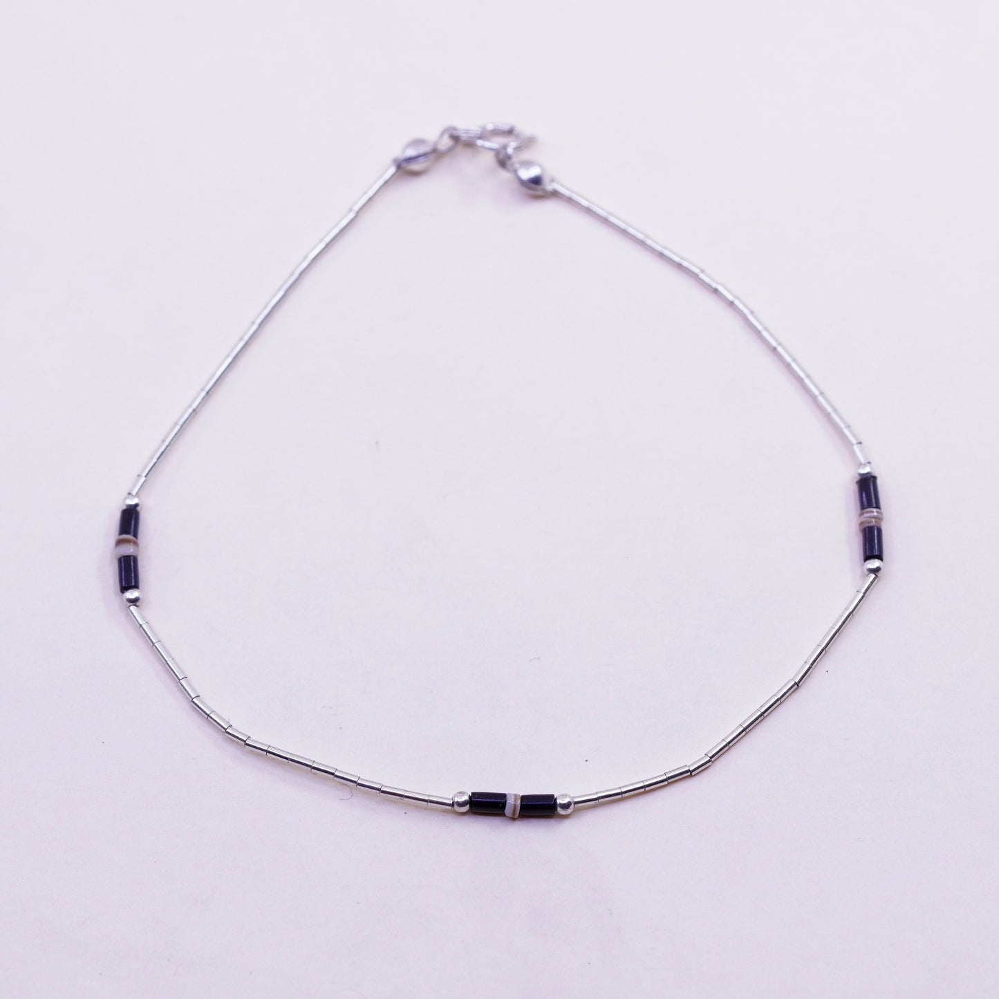 9”, Vintage Handmade sterling silver anklet, 925 liquid silver chain obsidian