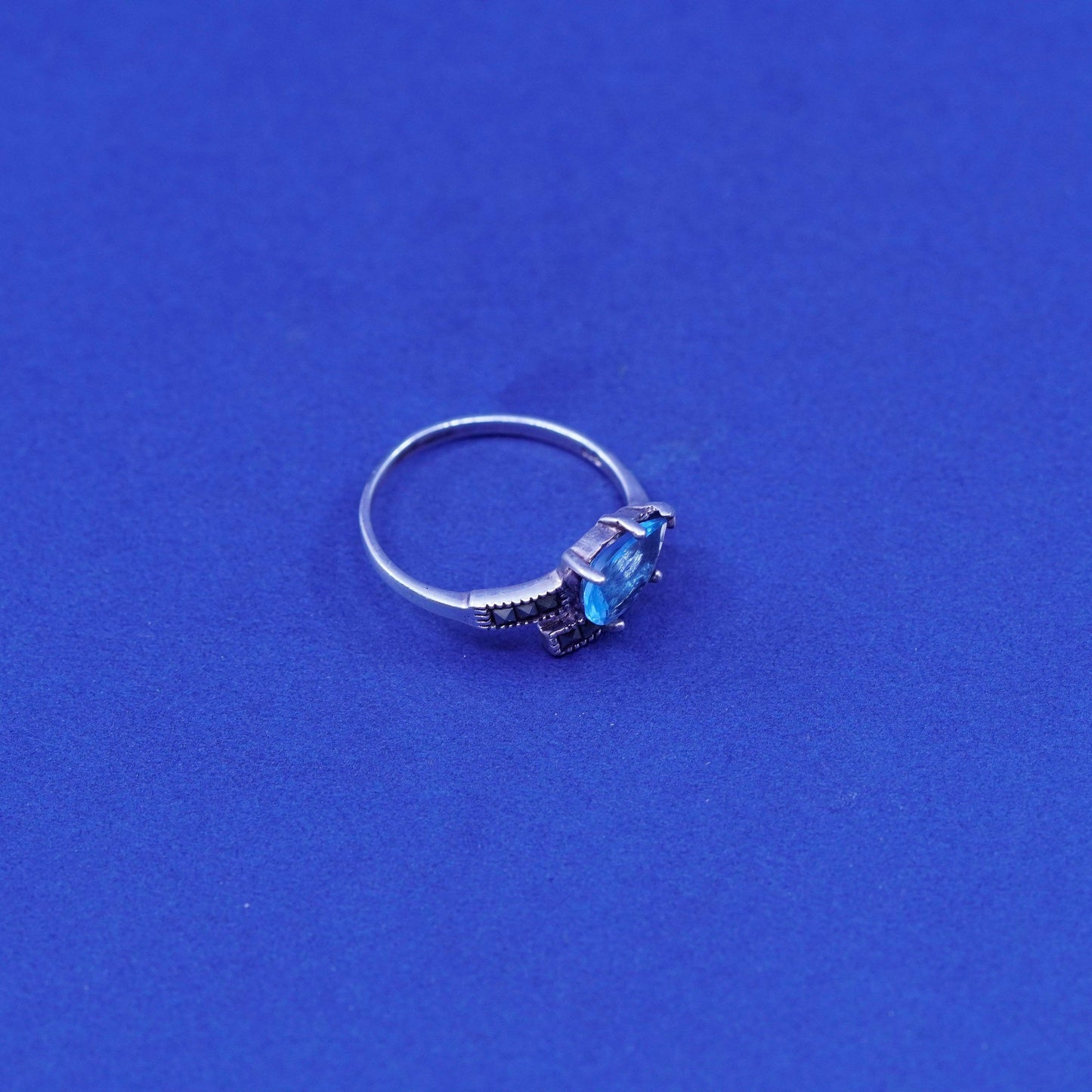 Size 7.75, Sterling silver handmade ring, 925 band teardrop topaz marcasite