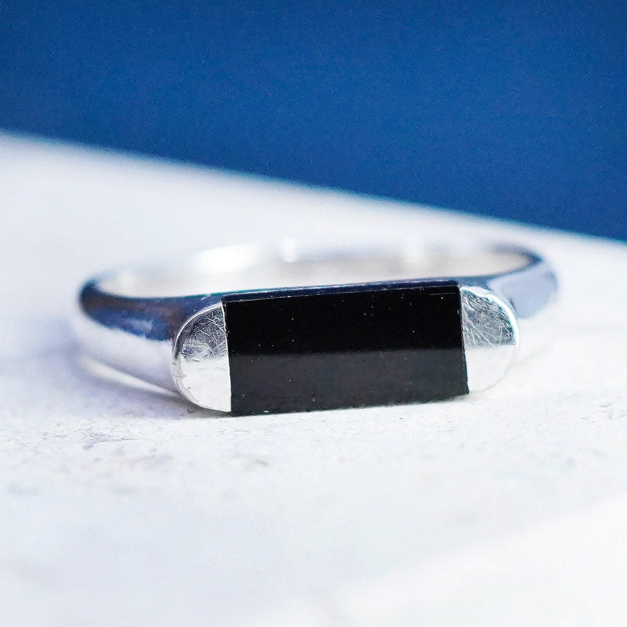Size 8, vintage Sterling silver handmade ring, 925 stackable band with obsidian