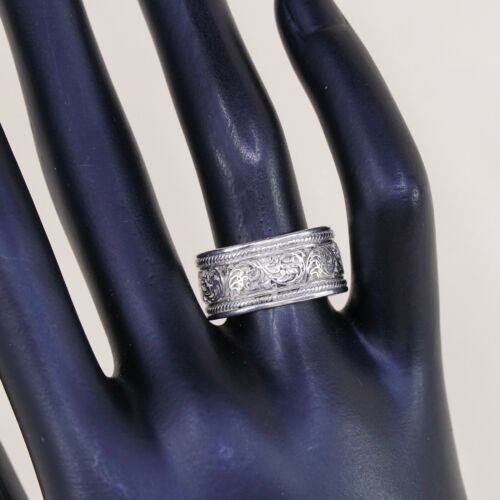 Sz 9, Vtg Sterling Silver handmade Boho Tribal Ring 925 Band W/ Pattern Embossed