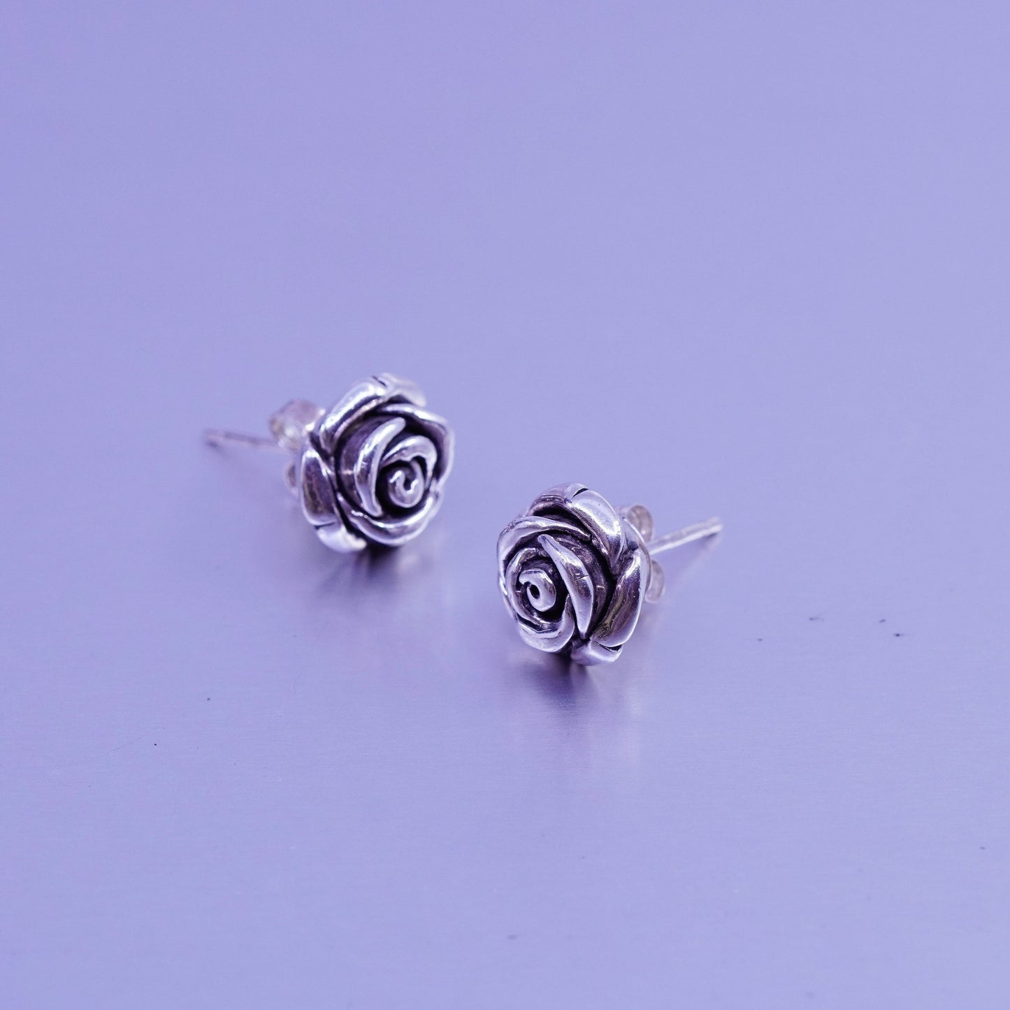 Vintage Sterling 925 silver handmade rose flower earrings, studs