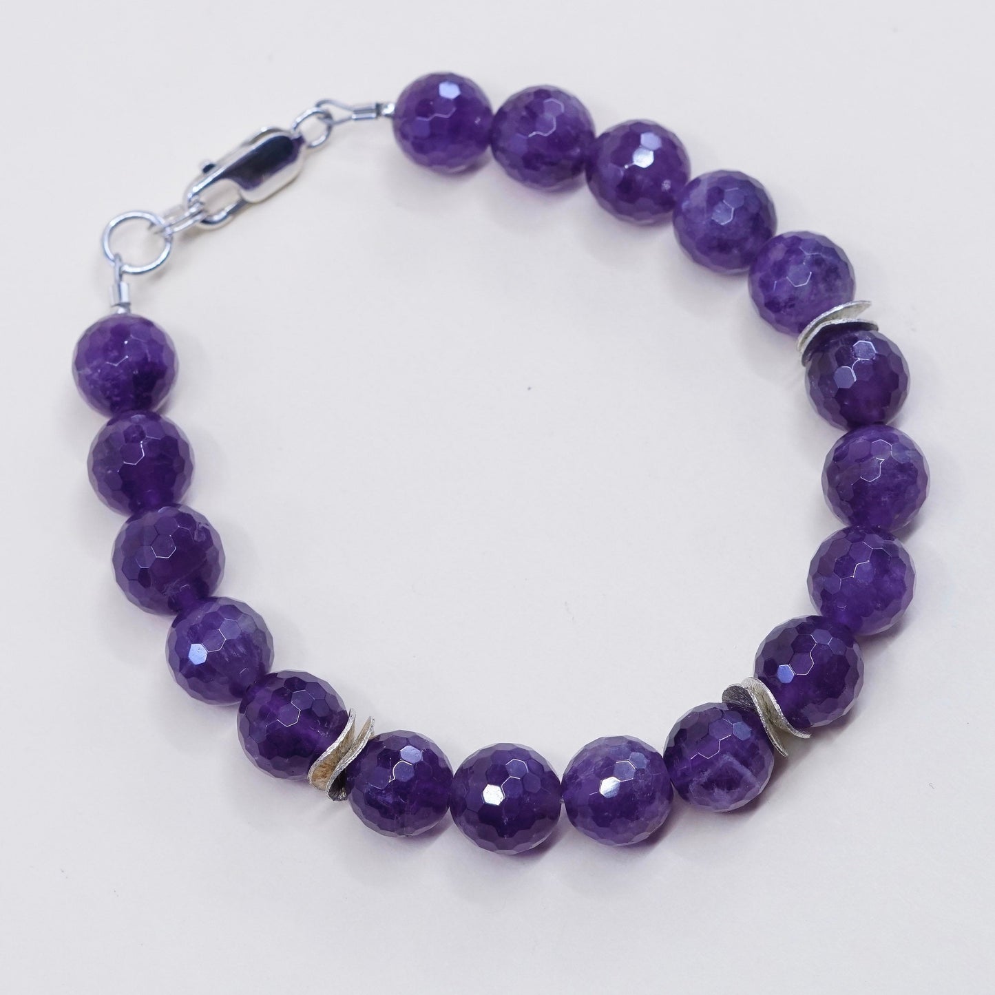 7.5” Vintage Sterling 925 silver handmade bracelet, natural amethyst beads