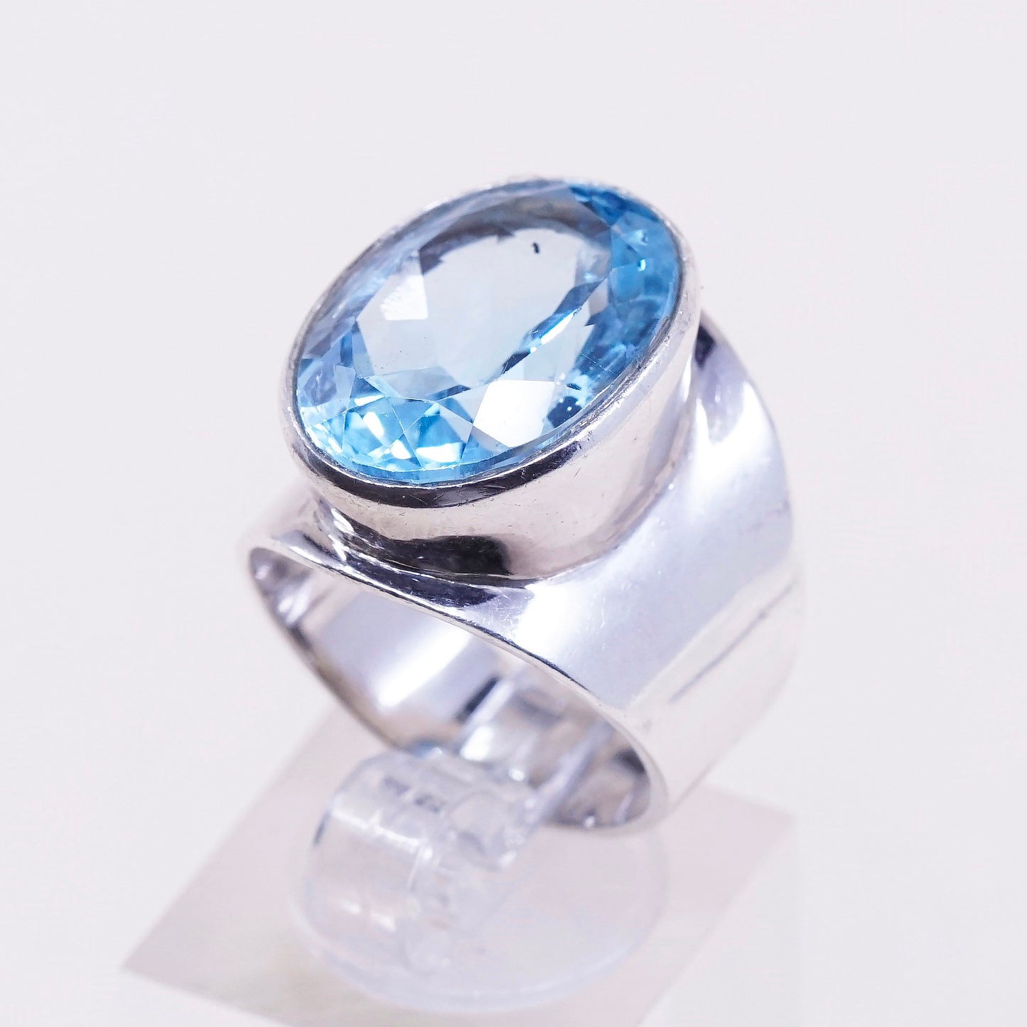 sz 7.5, vtg Sterling 925 silver handmade statement ring w/ blue topaz
