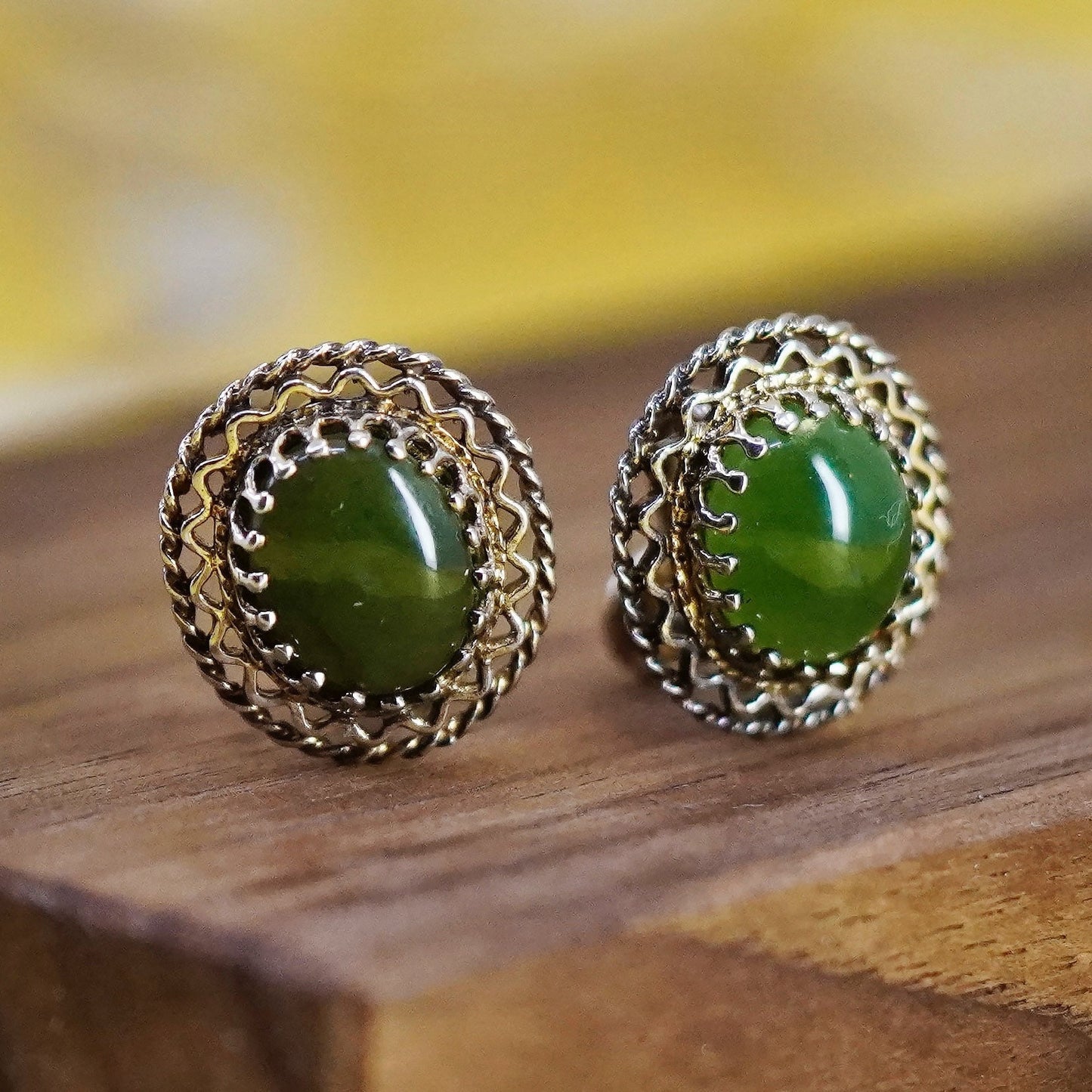 vermeil gold Sterling silver handmade screw back earrings, 925 filigree jade