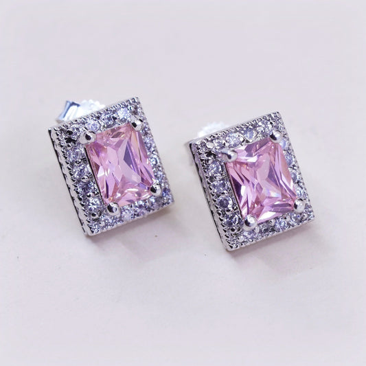 Vintage sterling silver handmade earrings, 925 square studs with pink Cz
