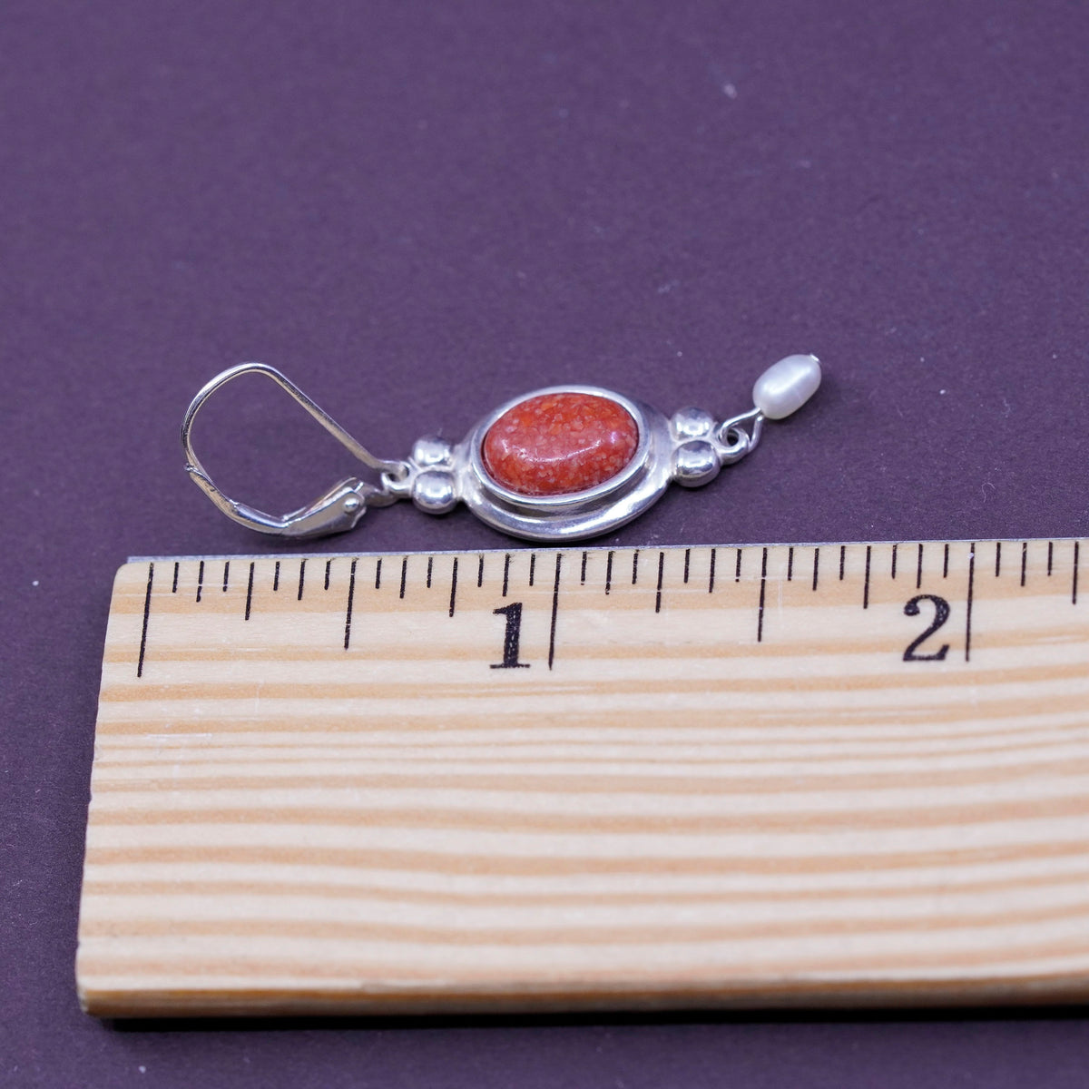 southwestern CCO Sterling 925 silver handmade earrings w/ oval coral and pearl