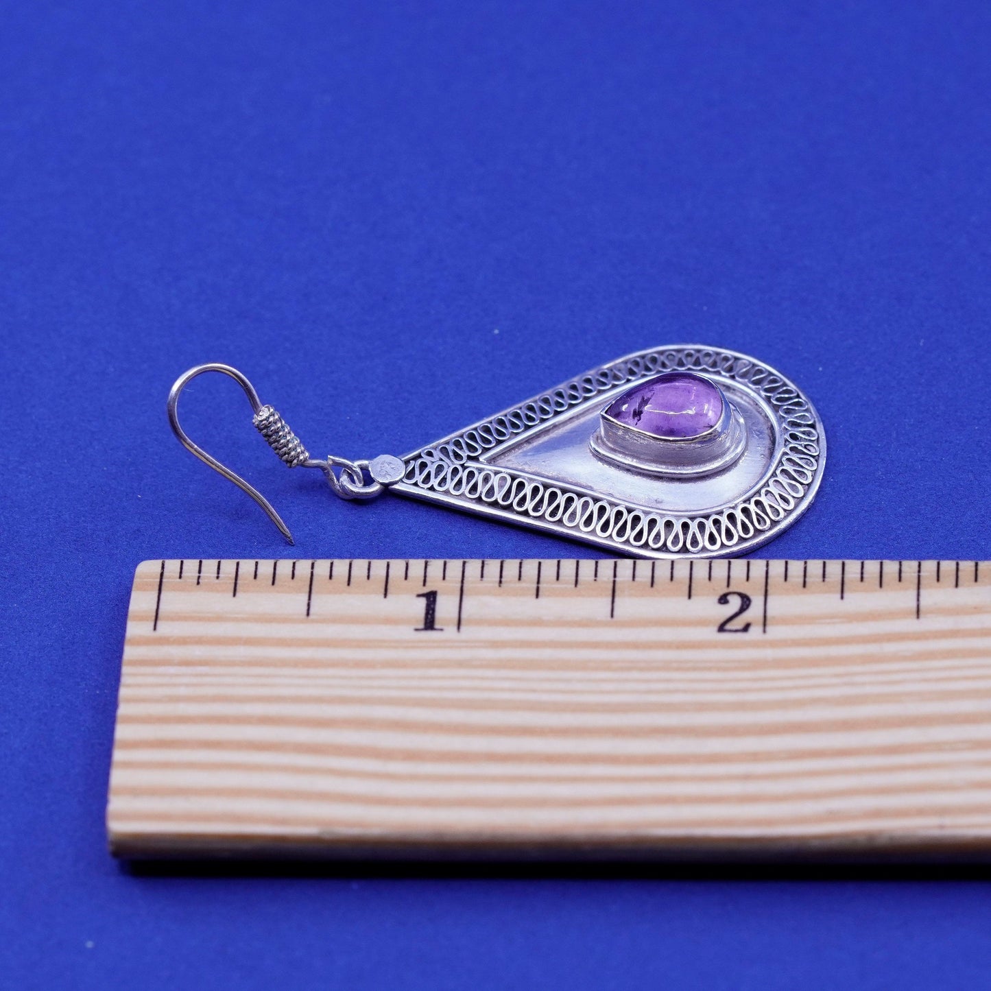 Vintage sterling 925 silver handmade earrings with teardrop amethyst