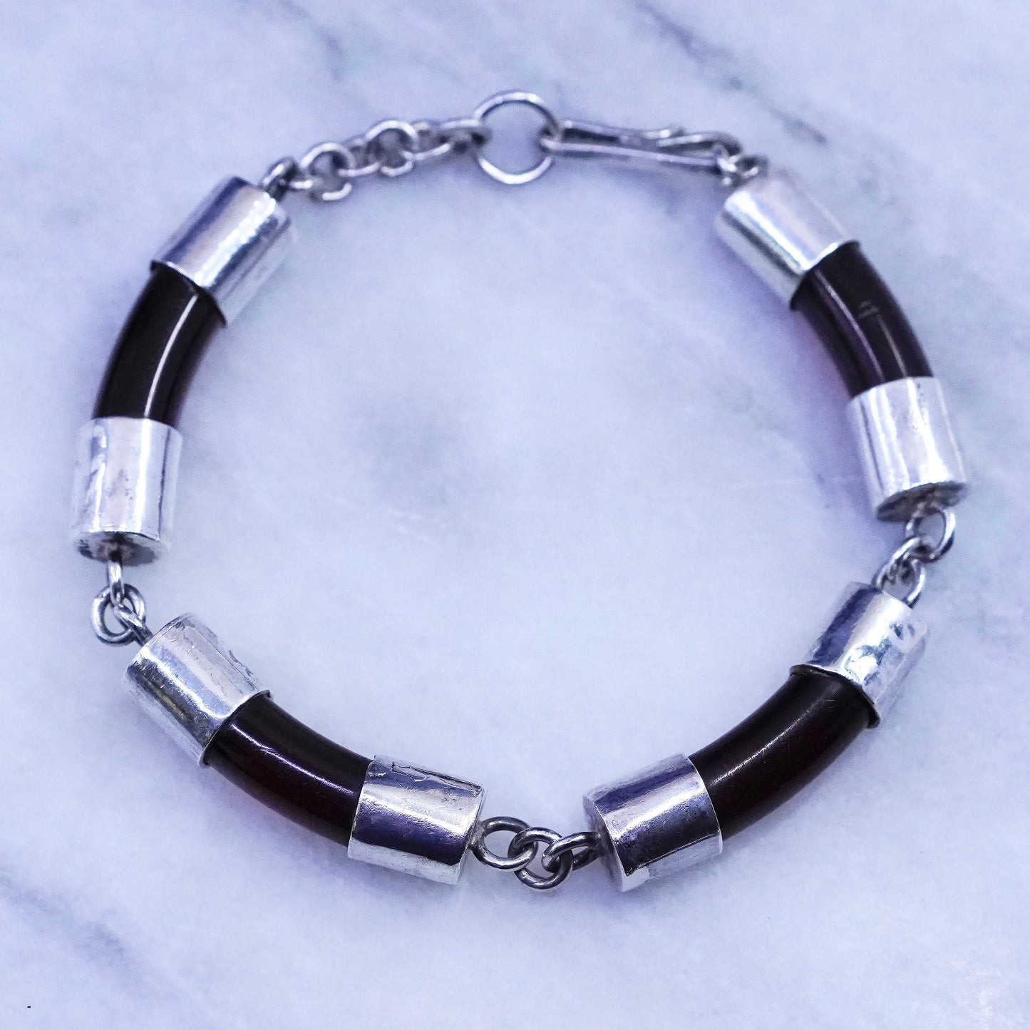 8”, vintage Sterling silver handmade bracelet, 925 bar with amber tube