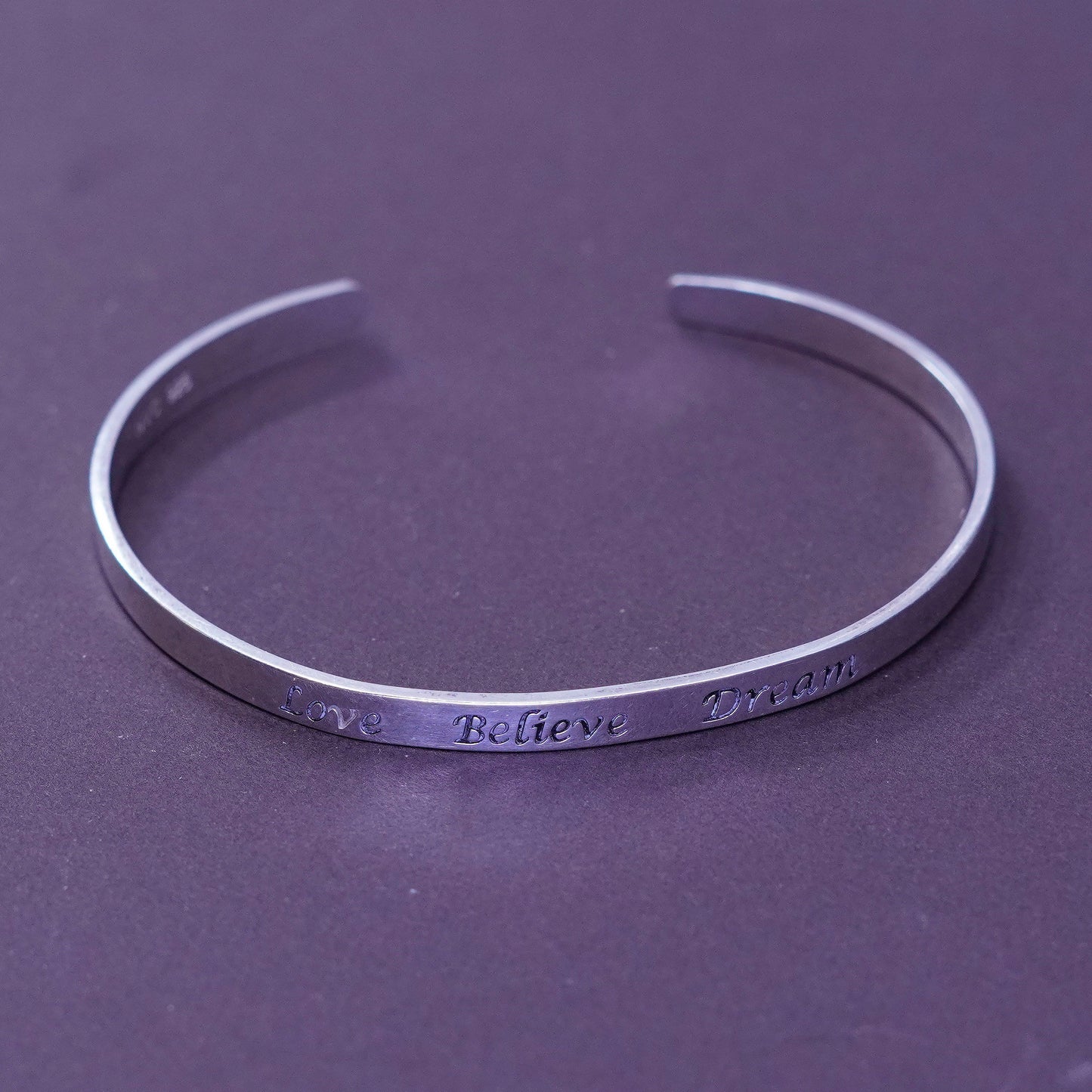 6.75”, Sterling silver prayer bracelet, 925 cuff engraved “love believe dream