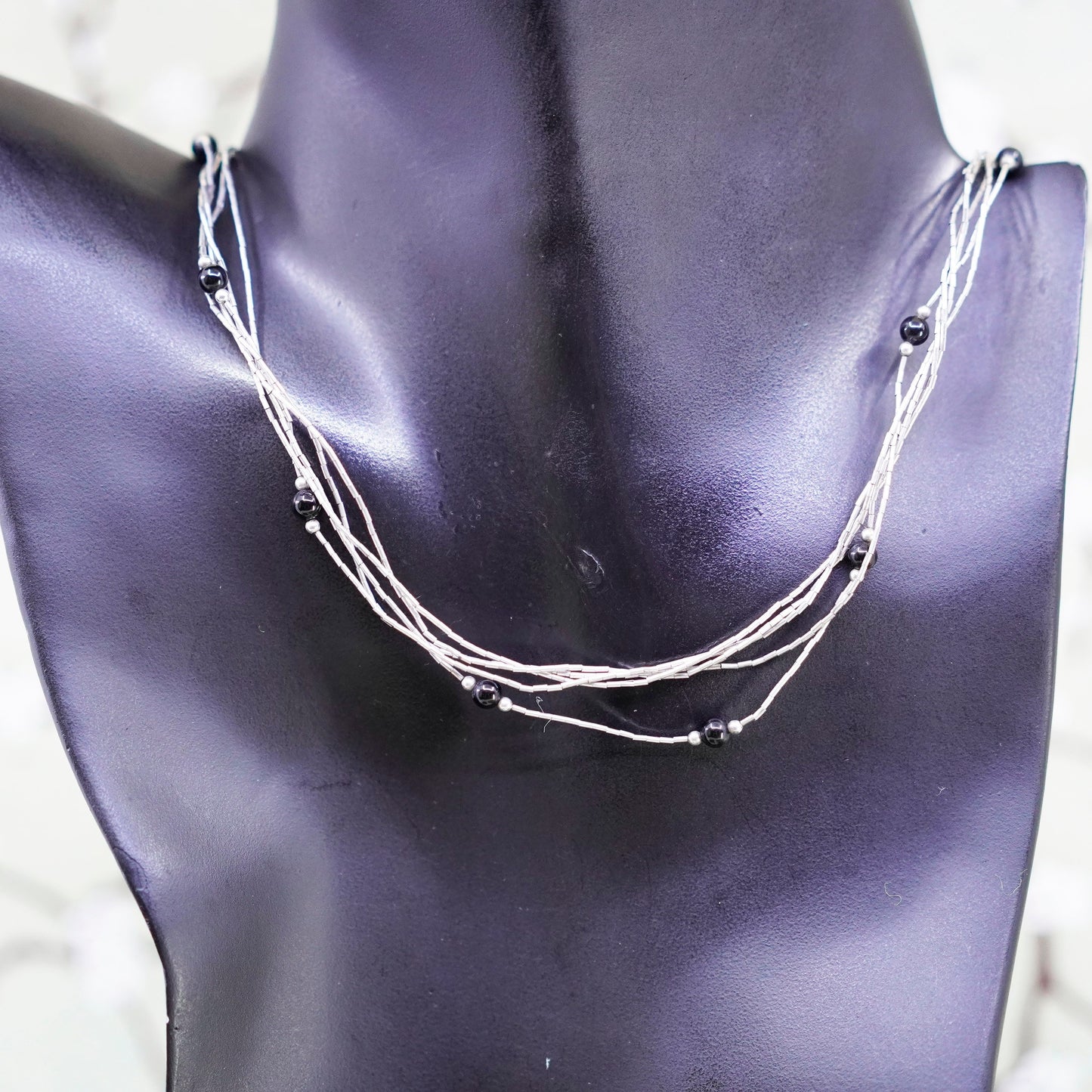24”, Native American Liquid Sterling 925 Silver necklace chain obsidian beads