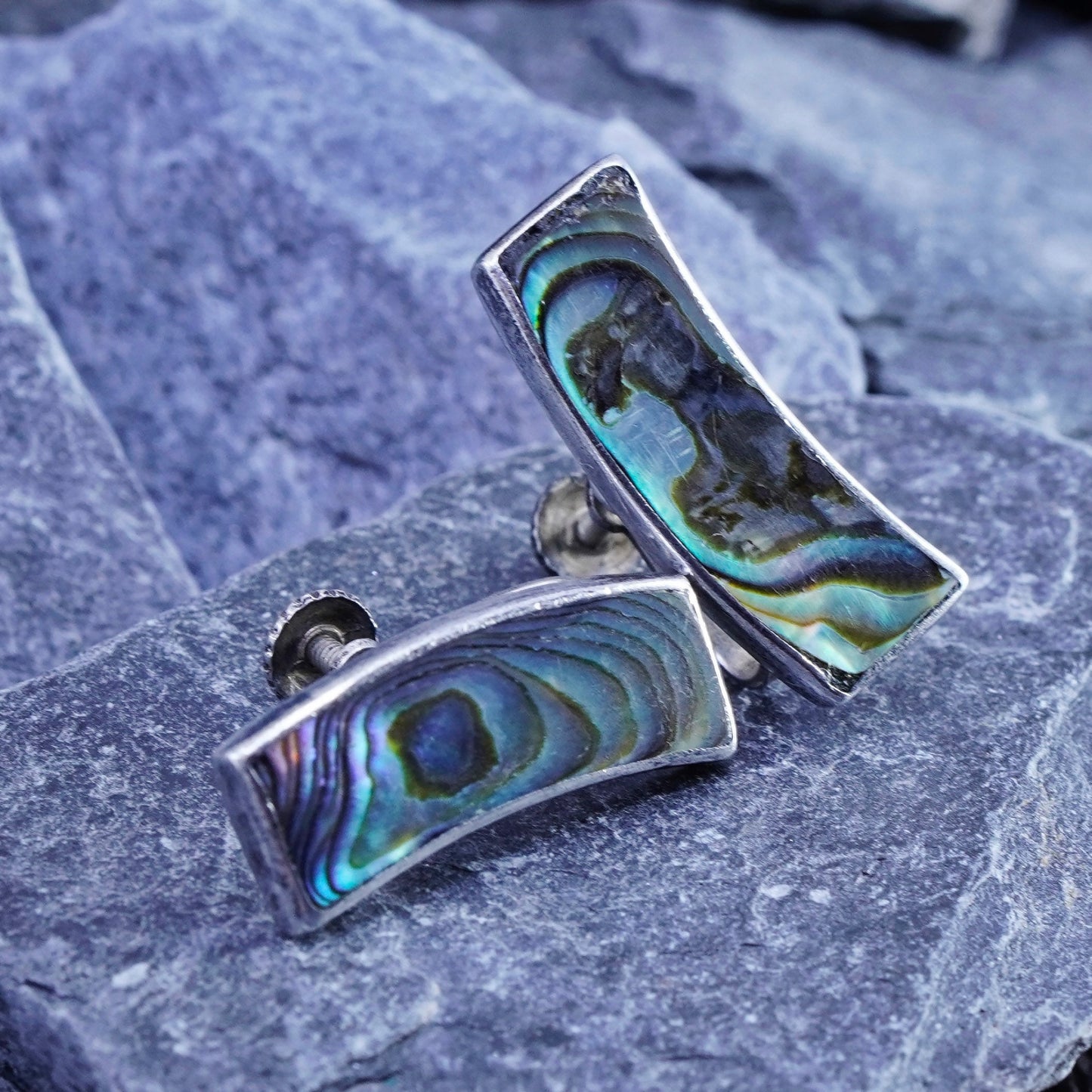 Vintage Sterling 925 silver screw back curvy earrings with abalone inlay