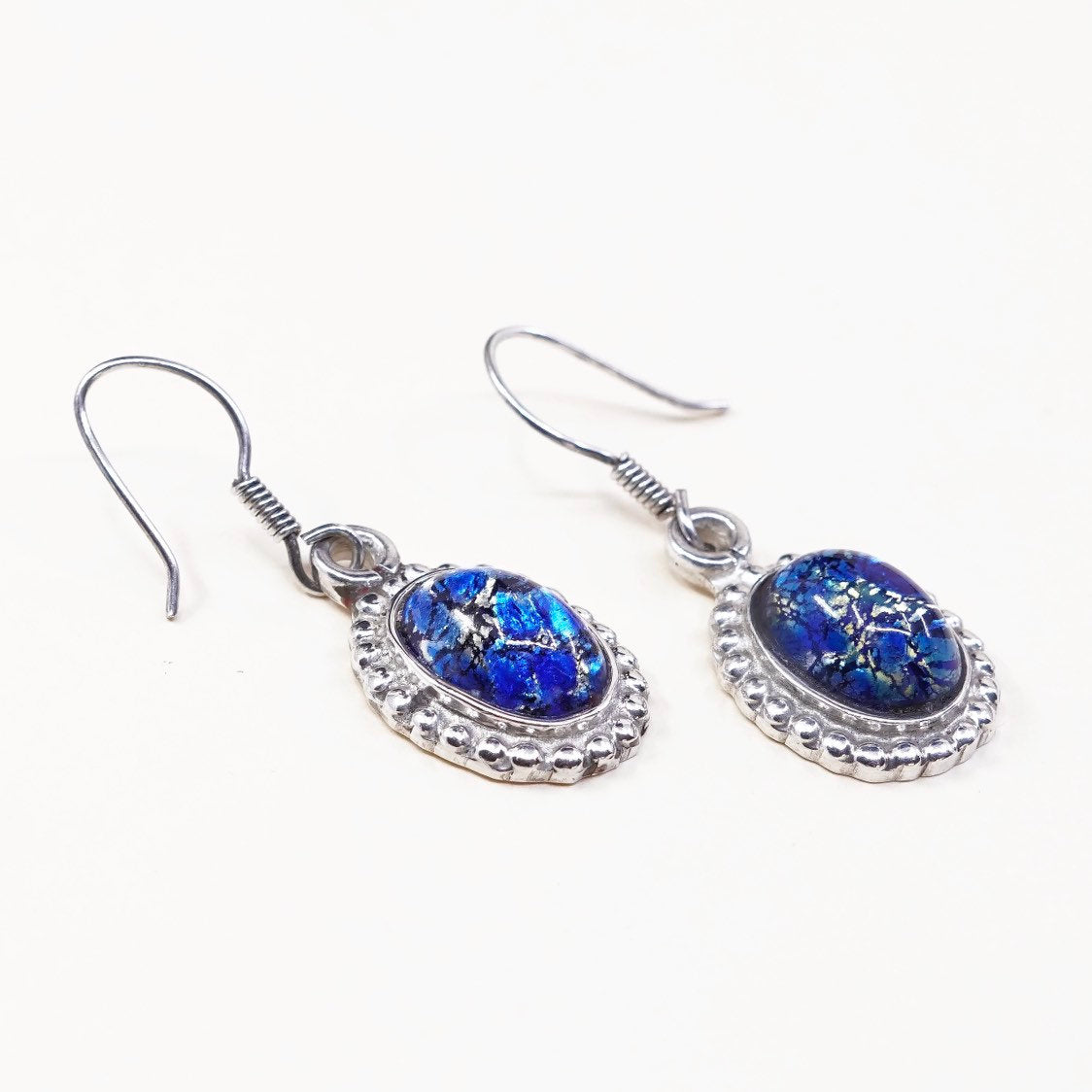 VTG mexico Sterling 925 silver handmade earrings, w/ blue foiled artisan drops