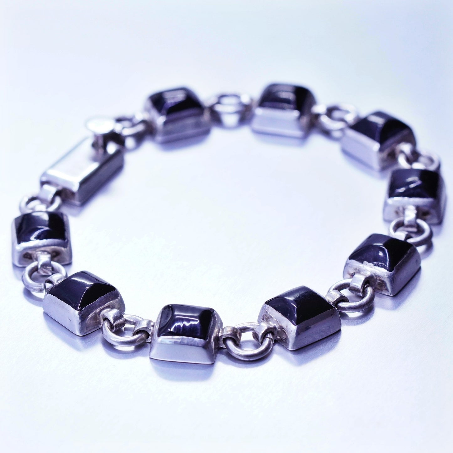 7.5”, vintage Sterling 925 silver handmade bold bracelet with obsidian beads