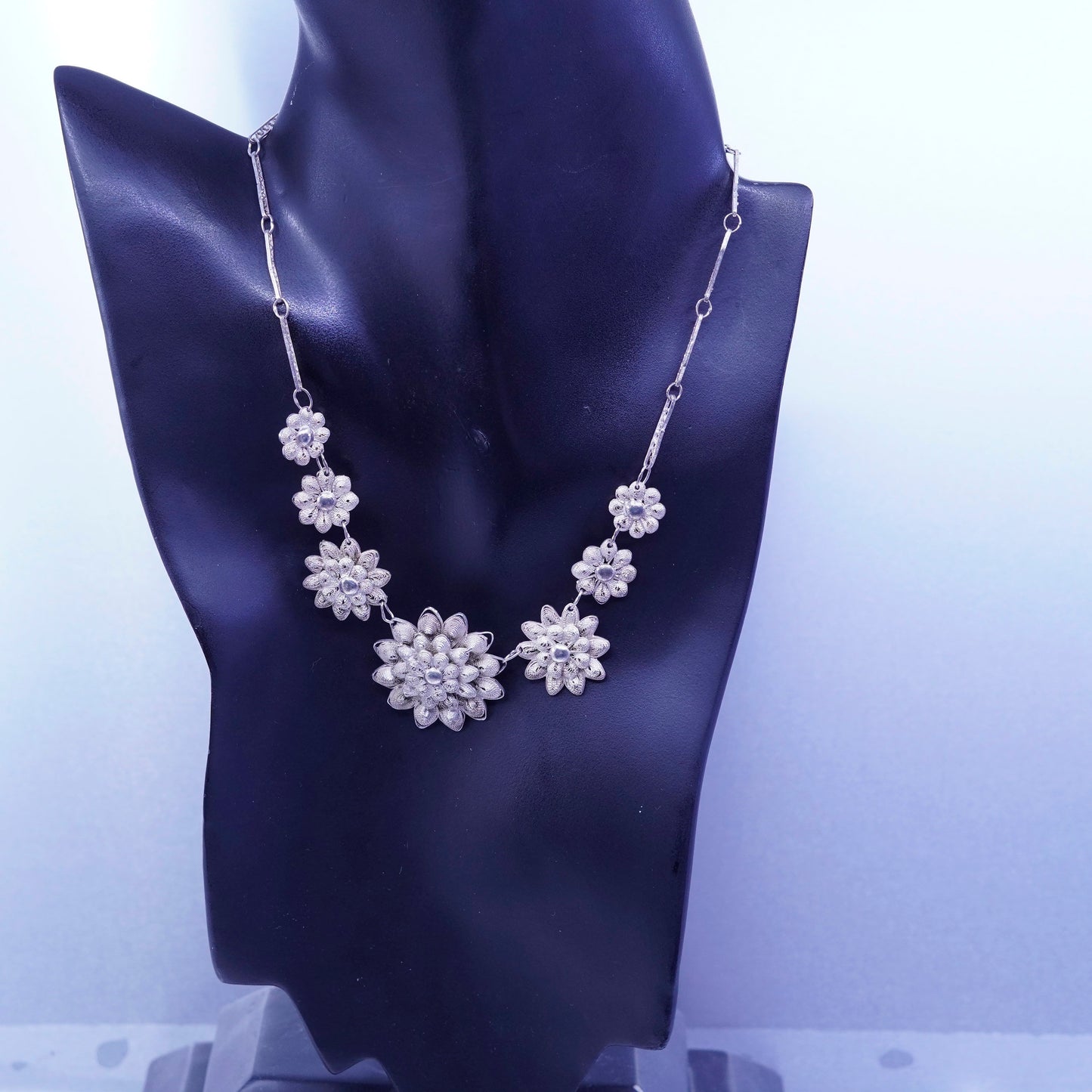 15” southwestern Sterling 925 silver filigree elongated necklace flower pendant
