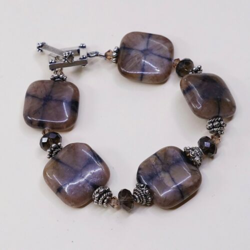 6.75”, Vintage Sterling Silver Handmade Bracelet, 925 Silver Toggle W/ Jasper