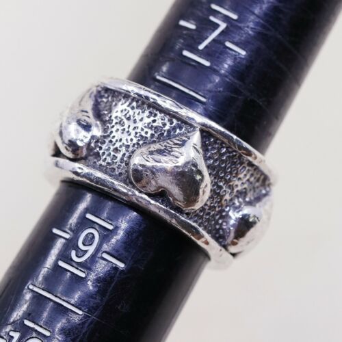 Sz 8, Vtg Exex Sterling Silver Handmade Ring, 925 Silver Band W/ Heart Embossed