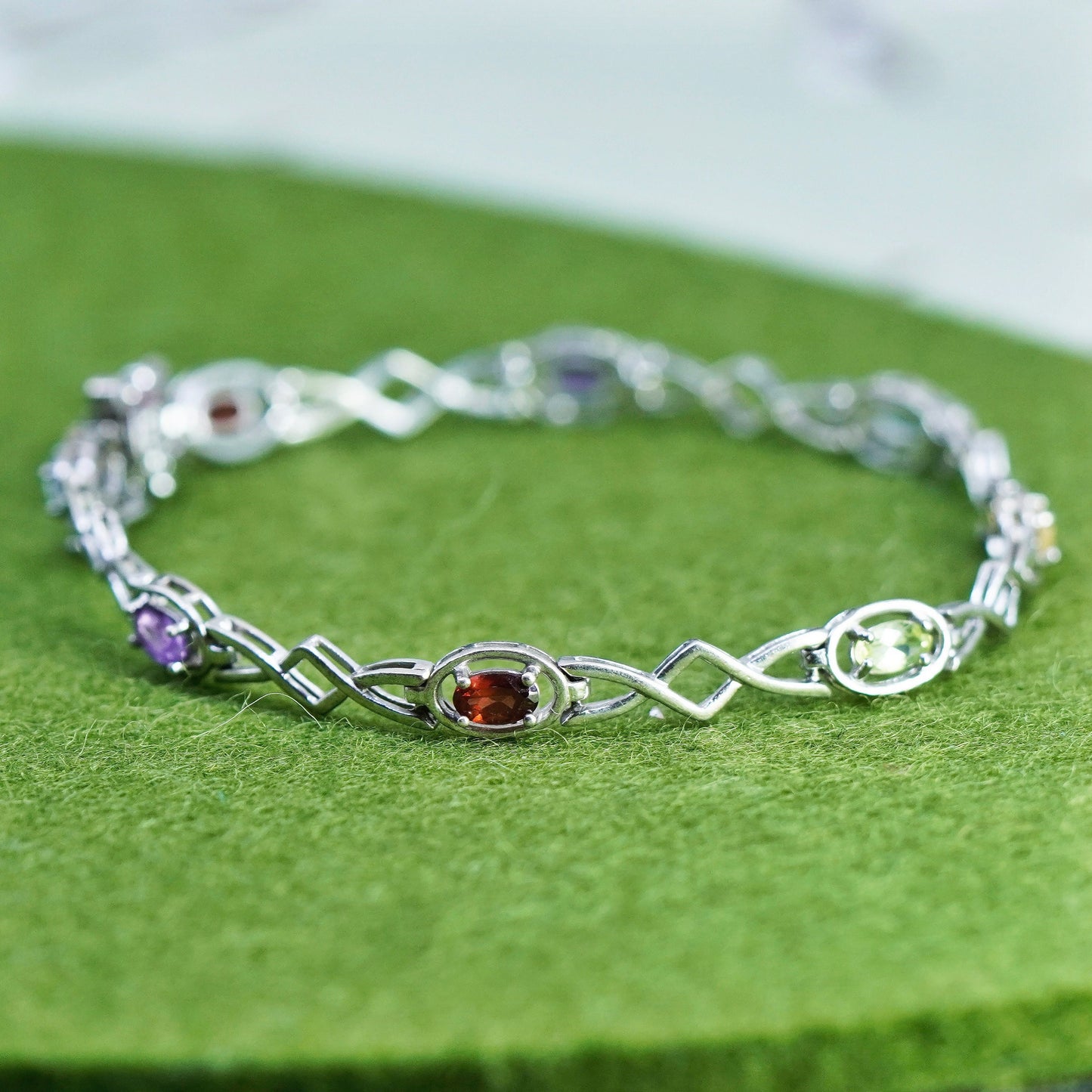 7”, vintage Sterling 925 silver tennis bracelet with ruby peridot peridot