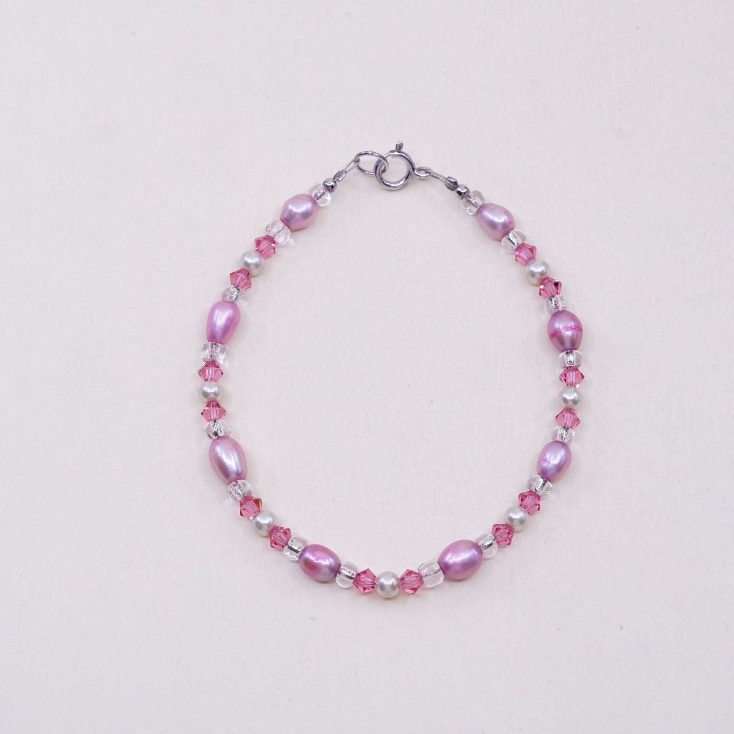 7.5”, Vintage handmade bracelet, pink pearl and crystal with 925 silver clasp