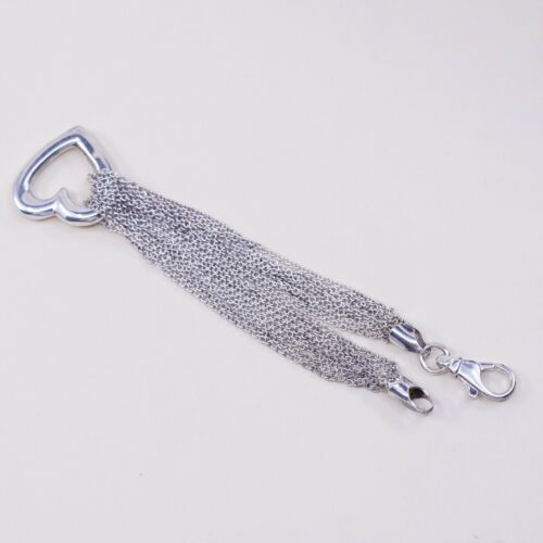 7”, Vtg Sterling Silver Bracelet Multi Strands 925 Circle Chain W/ Heart Charm