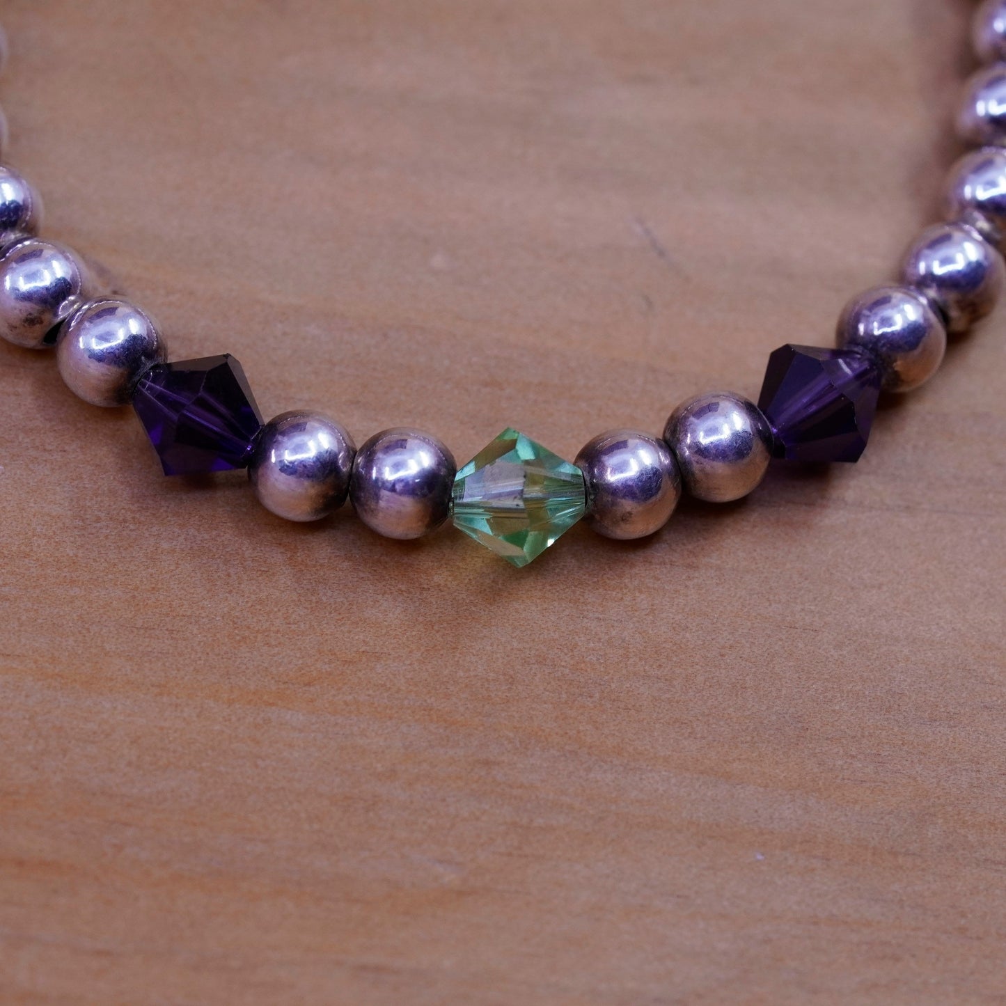 6”, vtg Sterling 925 silver handmade beads bracelet with ribbon bow tie charm