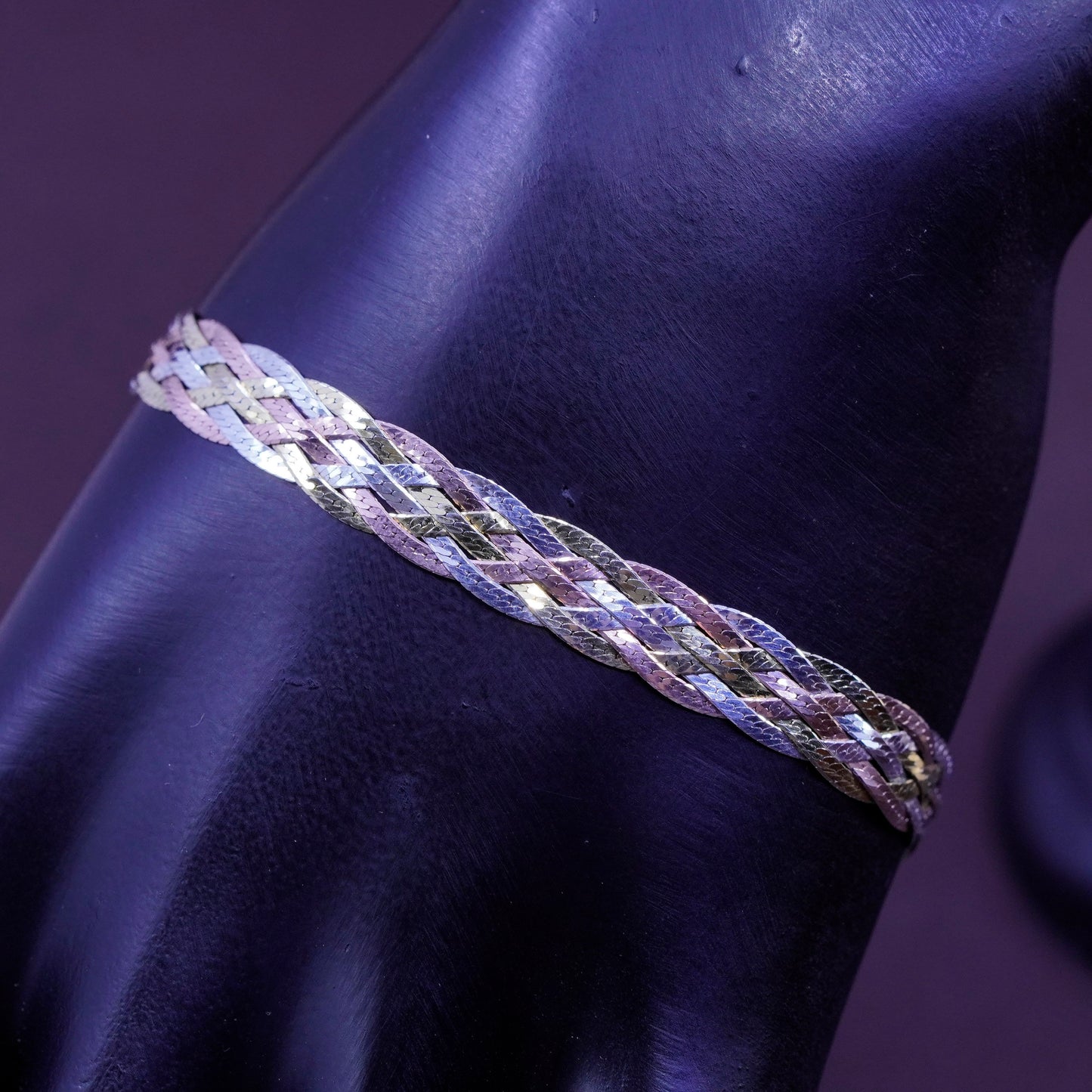 7.5” vermeil gold over triple tone Sterling silver braided herringbone bracelet