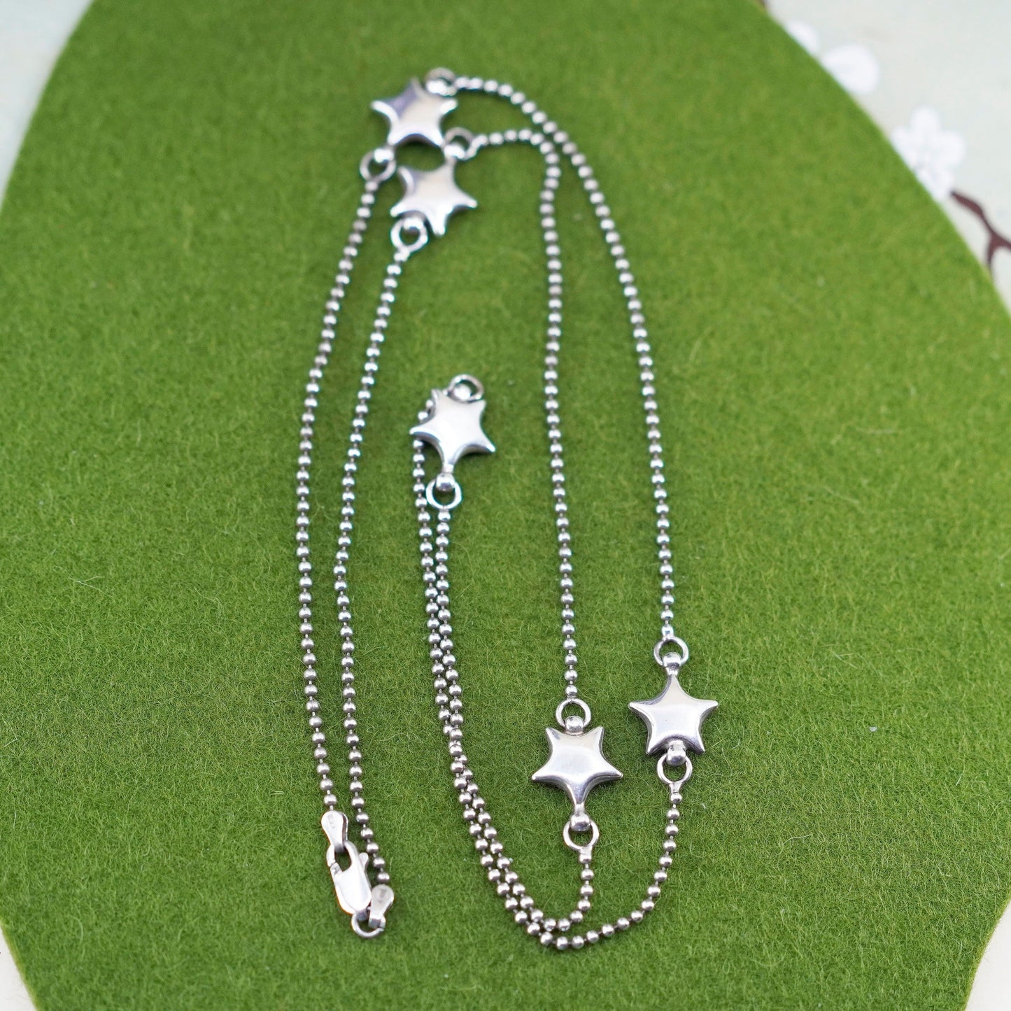 28”, vintage sterling silver 925 necklace, bead chain with star details