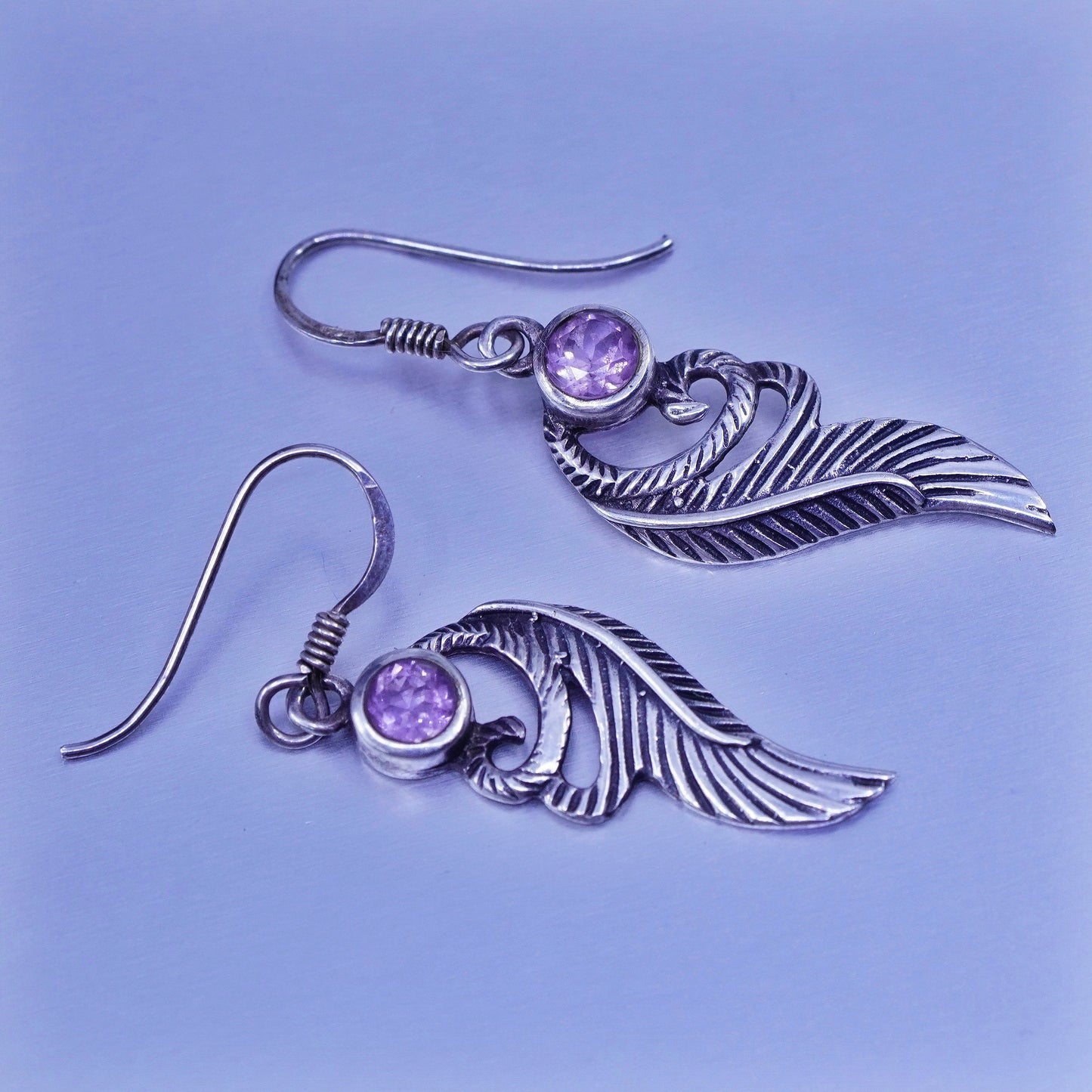 Vintage Sterling 925 silver handmade earrings with amethyst and leaf