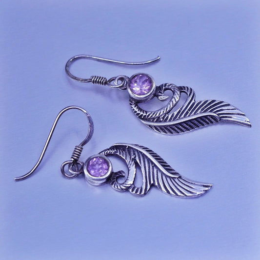 Vintage Sterling 925 silver handmade earrings with amethyst and leaf