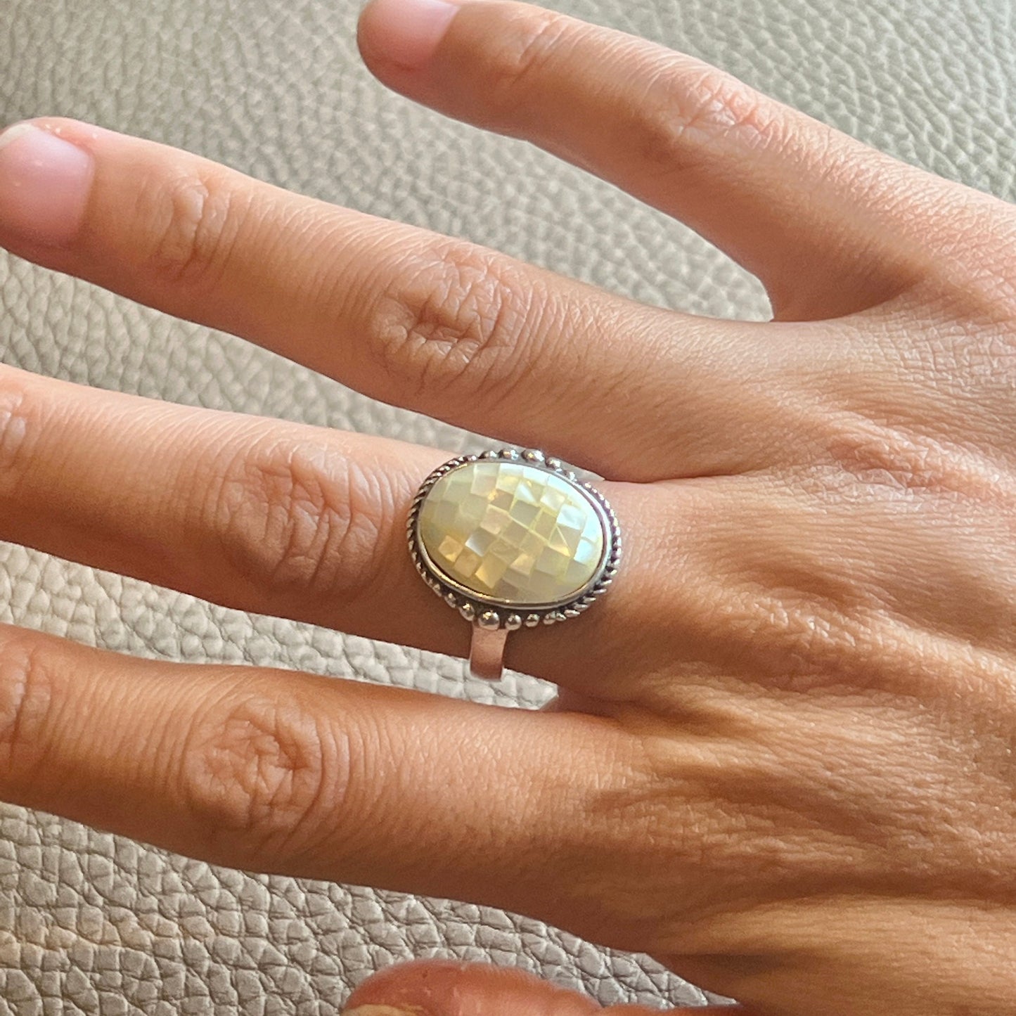 Size 8.75, Vintage sterling silver handmade ring with oval mother of pearl
