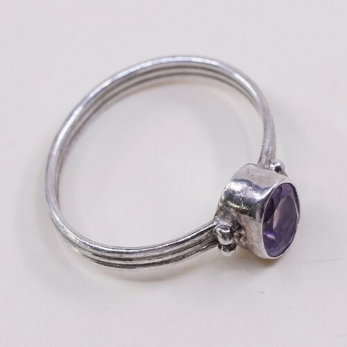 Sz 4.75, Vtg Sterling silver handmade ring, Engagement 925 W/ Oval Amethyst