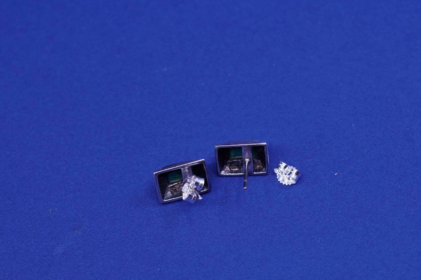 Vintage sterling silver handmade earrings, 925 studs with emerald and beads