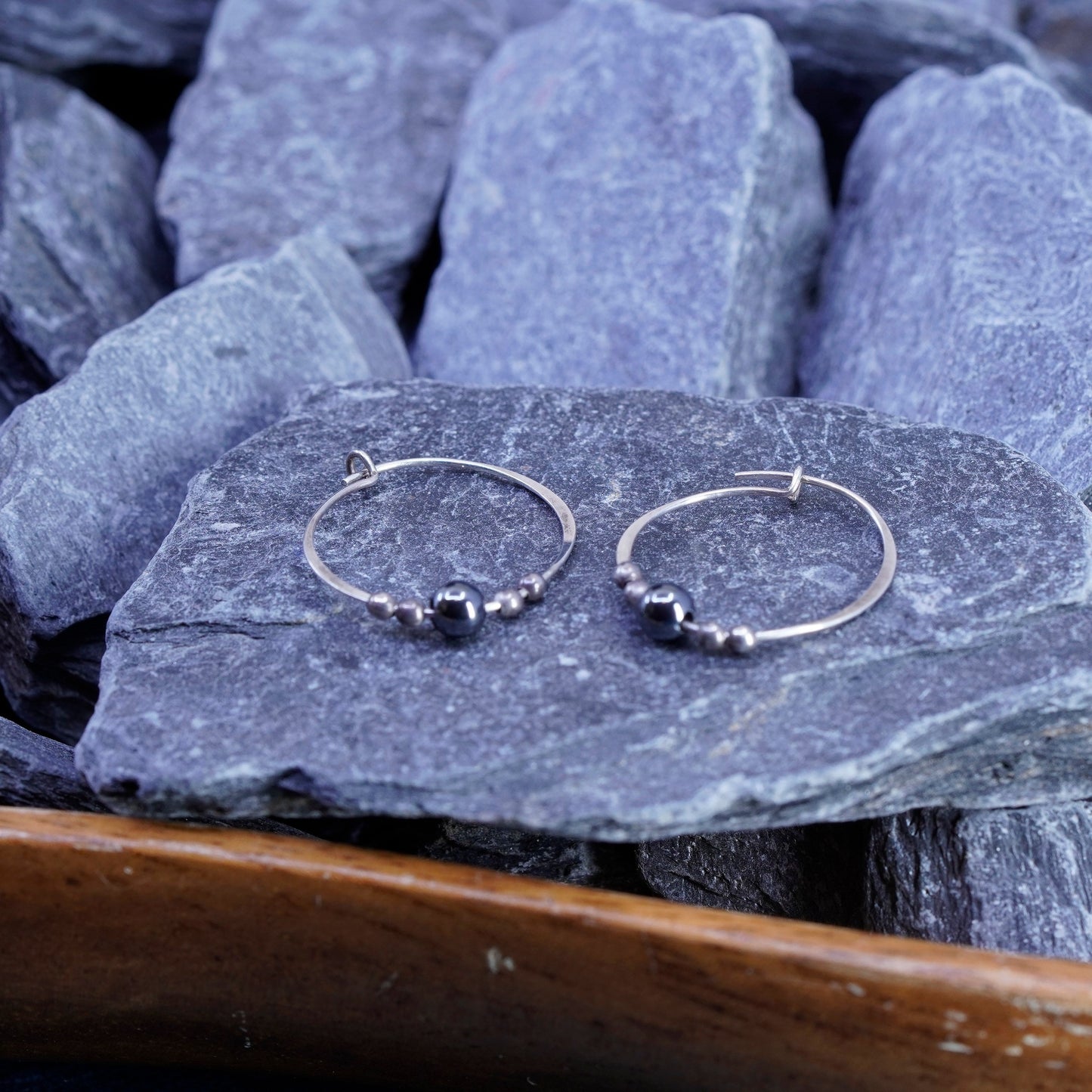 0.75”, Sterling silver handmade earrings, 925 huggie hoops with hematite beads