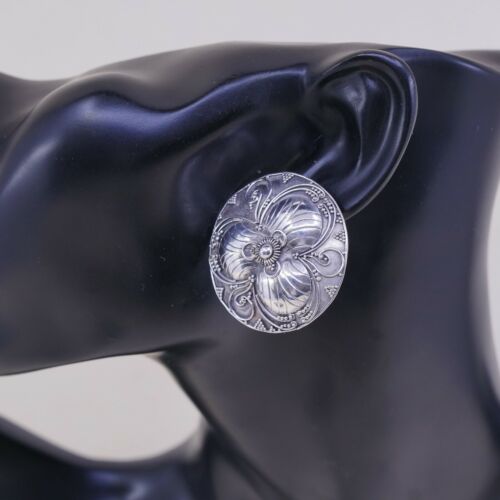 Vtg Tibet Nepal Hammered 925 Sterling Silver Round Studs Earrings W/ Beads
