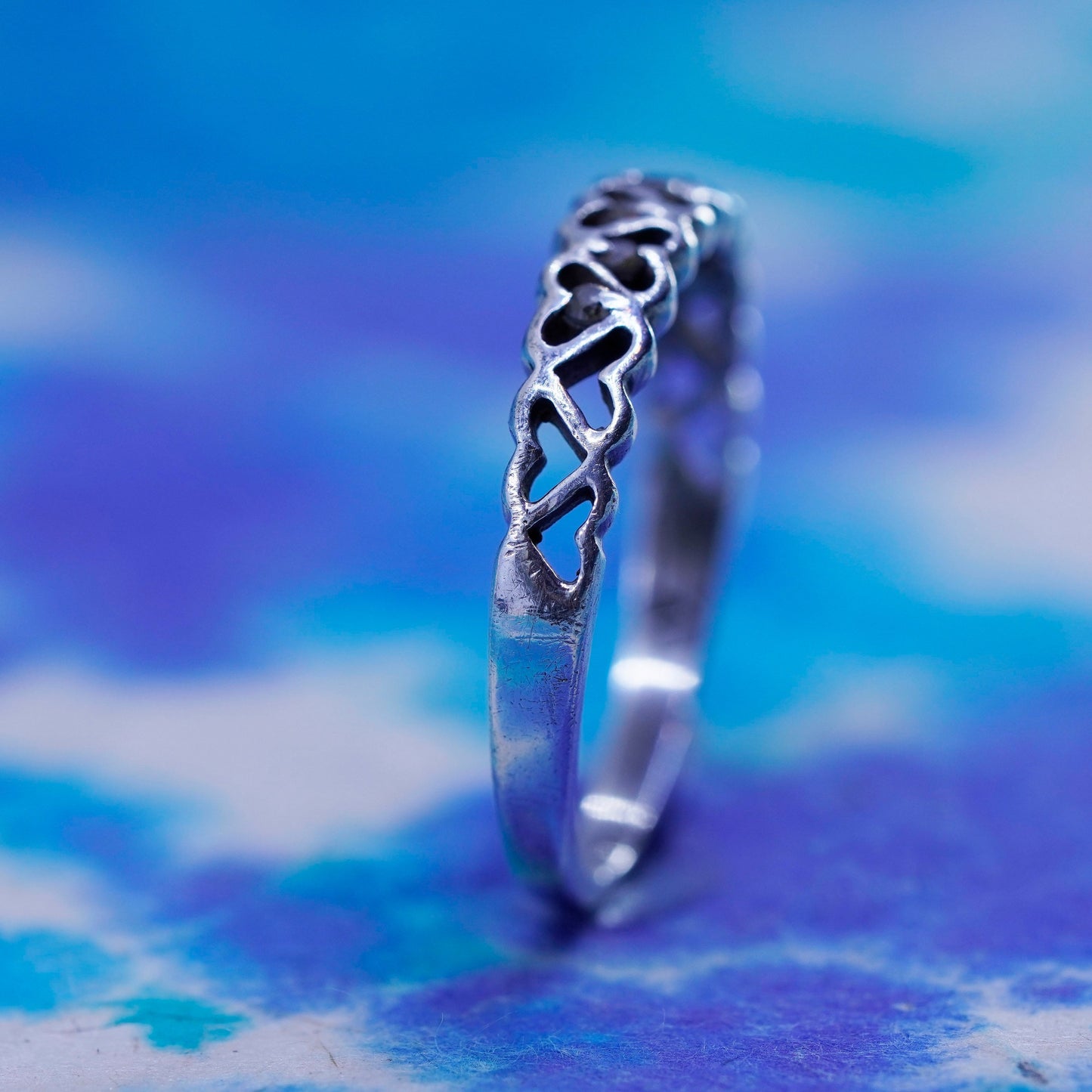 Size 9, vintage sterling silver handmade ring, 925 stackable heart band with cz