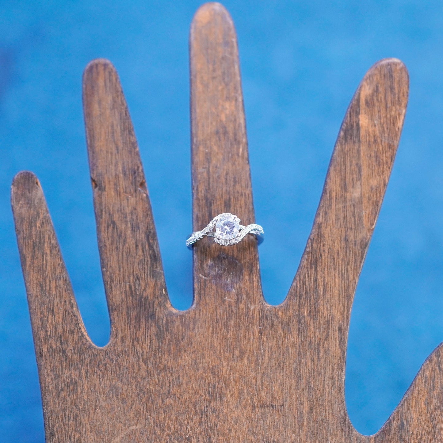 Size 6, vintage Sterling 925 silver engagement ring with cluster Cz around