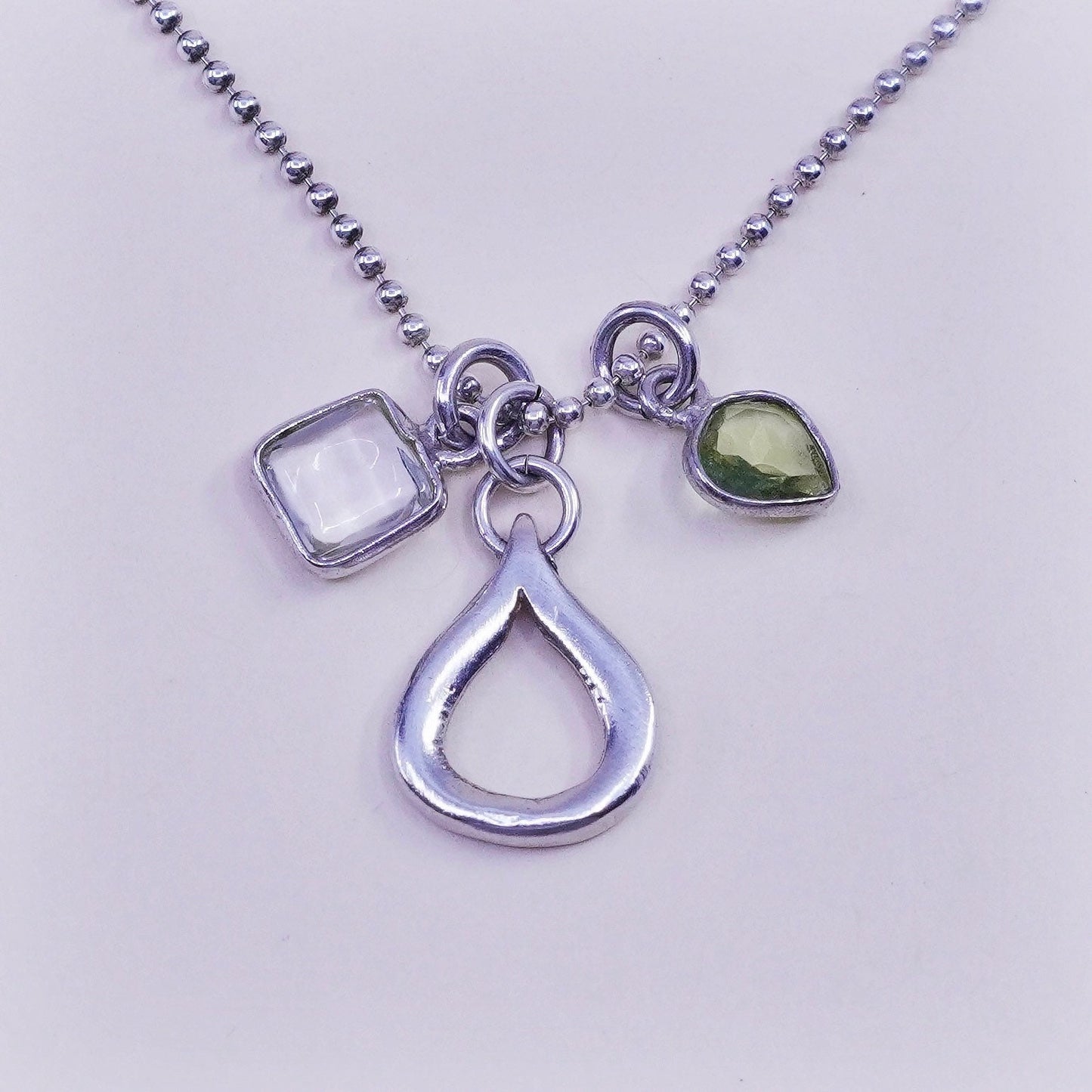 16+2”, 1mm, Vintage Sterling 925 silver bead chain necklace teardrop pendant